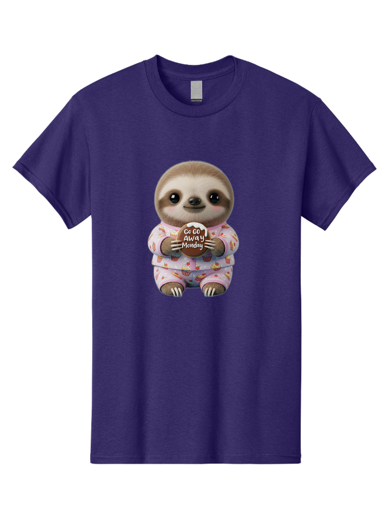 Go-Go-Away-Monday-Sloth Men'S Graphic Tee, 100% Cotton, Comfortable Casual Summer Wear, Machine Washable, Cute Sloth, Funny Sloth, Sloth In Pajamas, Cupcake Patterned, Holding Chocolate, Go Away Monday, Monday Blues, Humorous Illustration Bae461