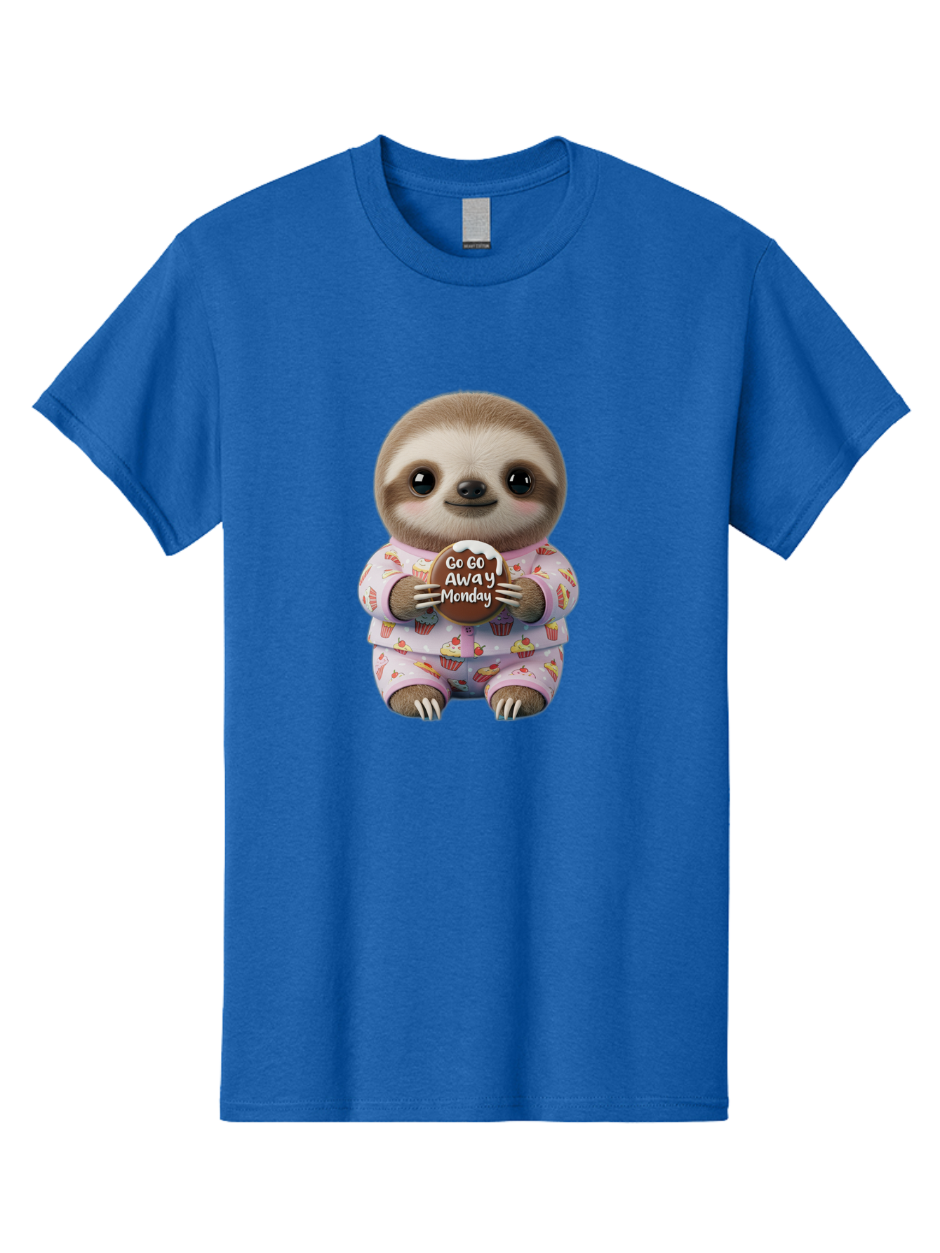 Go-Go-Away-Monday-Sloth Men'S Graphic Tee, 100% Cotton, Comfortable Casual Summer Wear, Machine Washable, Cute Sloth, Funny Sloth, Sloth In Pajamas, Cupcake Patterned, Holding Chocolate, Go Away Monday, Monday Blues, Humorous Illustration Bae461