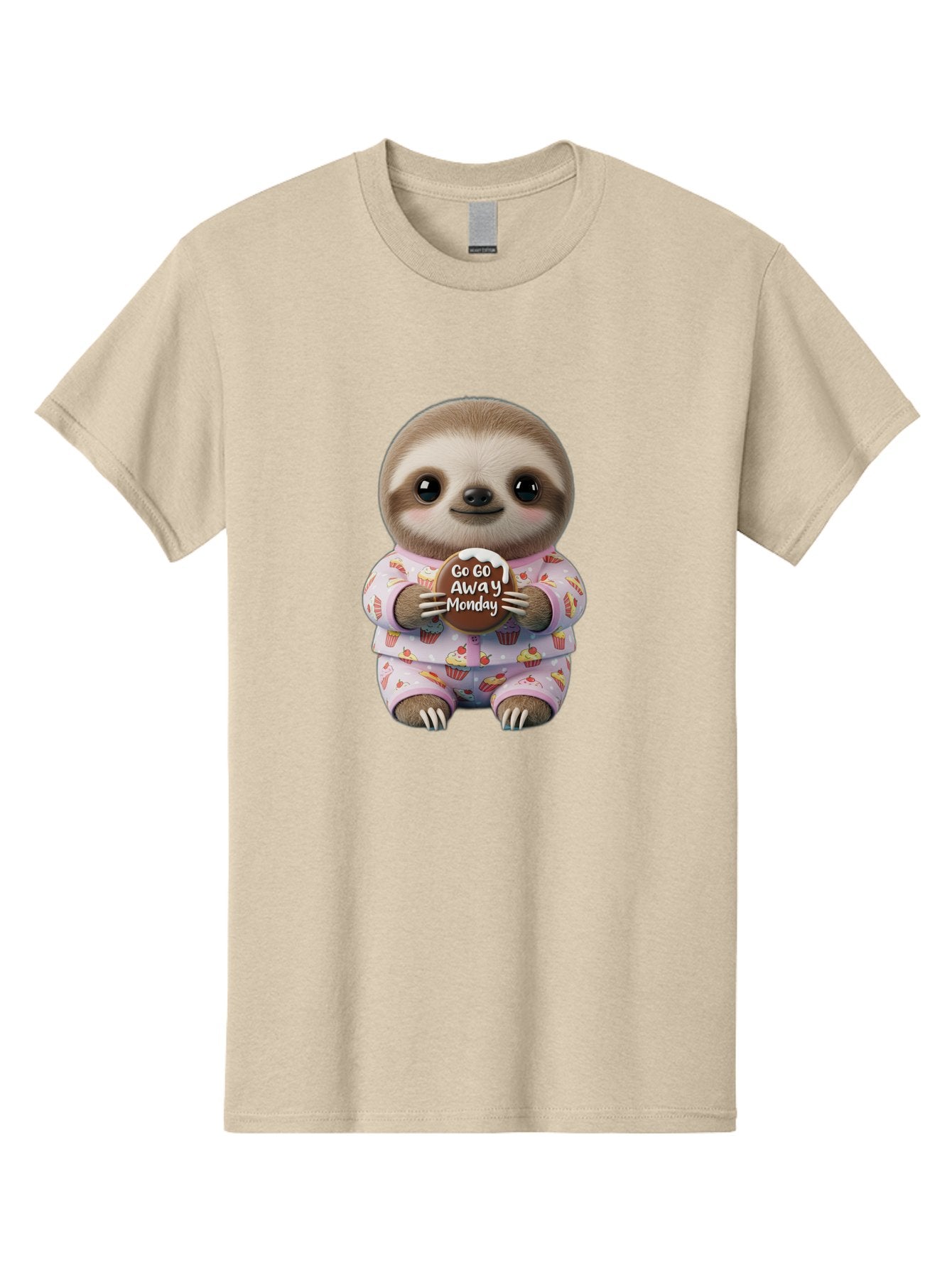 Go-Go-Away-Monday-Sloth Men'S Graphic Tee, 100% Cotton, Comfortable Casual Summer Wear, Machine Washable, Cute Sloth, Funny Sloth, Sloth In Pajamas, Cupcake Patterned, Holding Chocolate, Go Away Monday, Monday Blues, Humorous Illustration Bae461 8