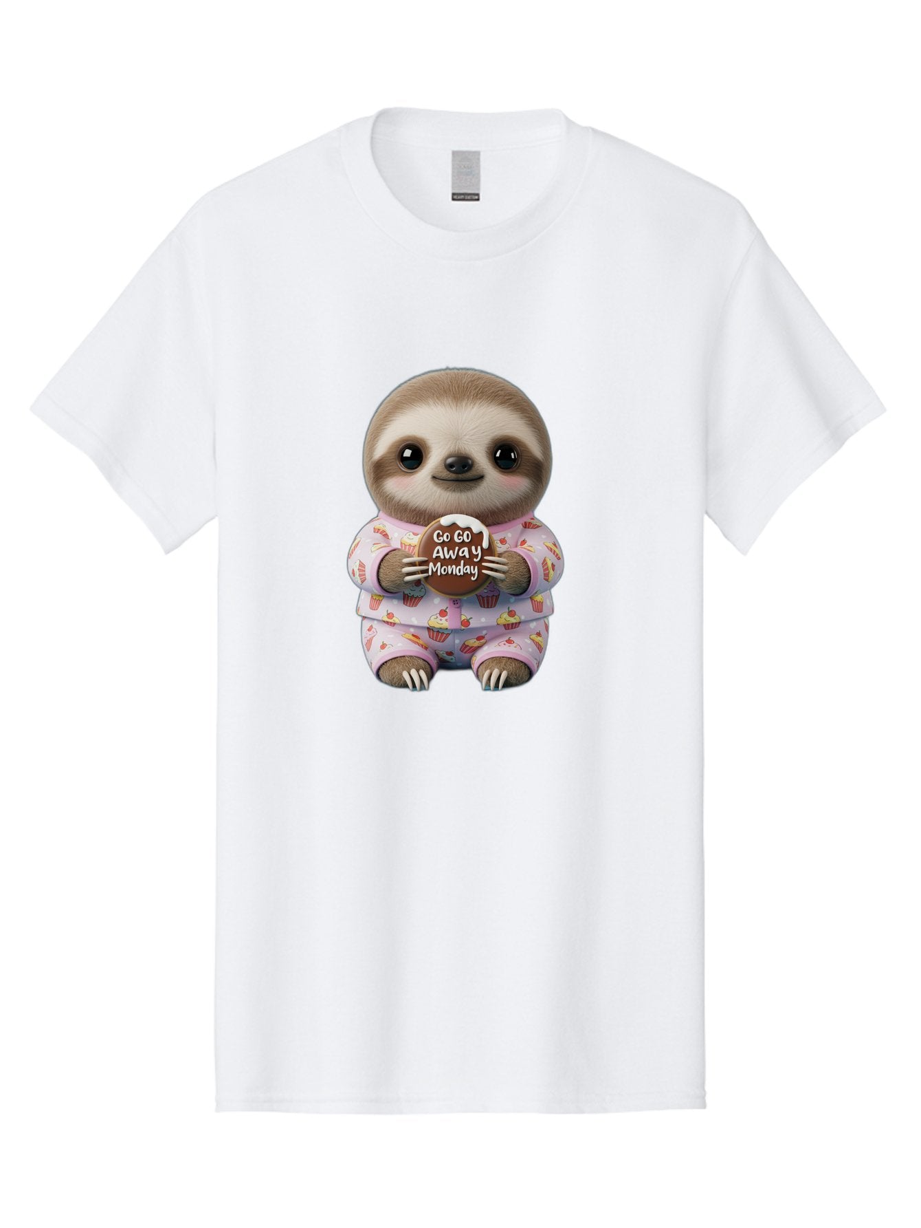 Go-Go-Away-Monday-Sloth Men'S Graphic Tee, 100% Cotton, Comfortable Casual Summer Wear, Machine Washable, Cute Sloth, Funny Sloth, Sloth In Pajamas, Cupcake Patterned, Holding Chocolate, Go Away Monday, Monday Blues, Humorous Illustration Bae461 9