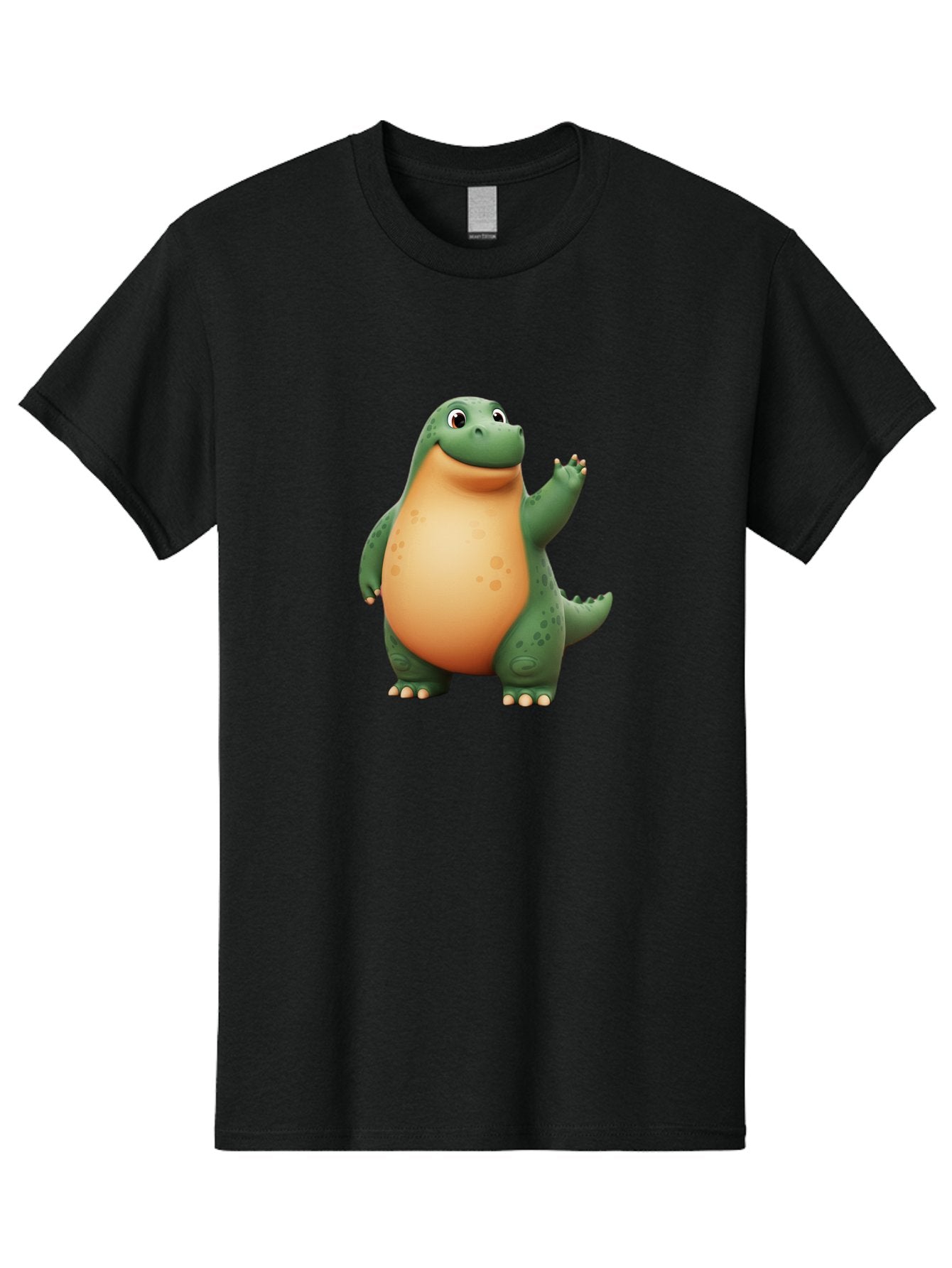 Green-Dinosaur Men'S Graphic Tee, 100% Cotton, Comfortable Casual Summer Wear, Machine Washable, Cartoon T-Rex, Smiling Dinosaur, Green And Orange Creature, Cute Prehistoric Animal, Friendly Monster, Dinosaur Waving, Dinosaur With Big Belly Bae463