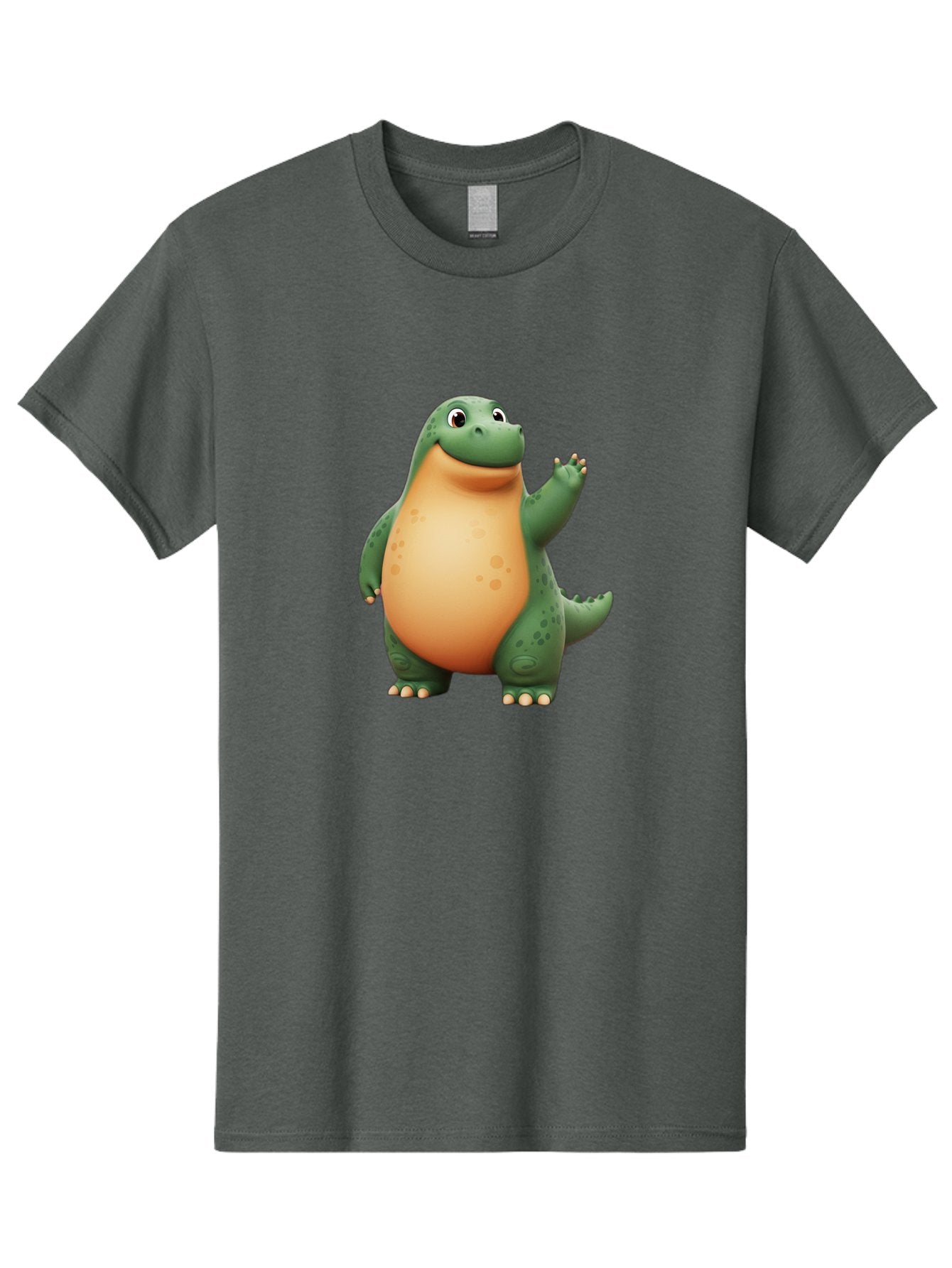 Green-Dinosaur Men'S Graphic Tee, 100% Cotton, Comfortable Casual Summer Wear, Machine Washable, Cartoon T-Rex, Smiling Dinosaur, Green And Orange Creature, Cute Prehistoric Animal, Friendly Monster, Dinosaur Waving, Dinosaur With Big Belly Bae463 12