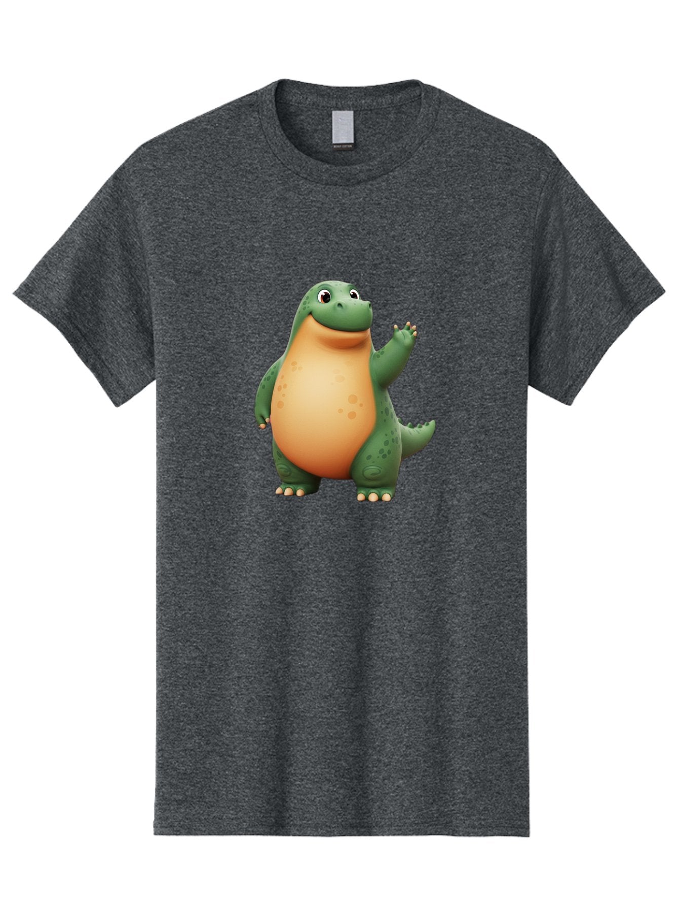 Green-Dinosaur Men'S Graphic Tee, 100% Cotton, Comfortable Casual Summer Wear, Machine Washable, Cartoon T-Rex, Smiling Dinosaur, Green And Orange Creature, Cute Prehistoric Animal, Friendly Monster, Dinosaur Waving, Dinosaur With Big Belly Bae463 7