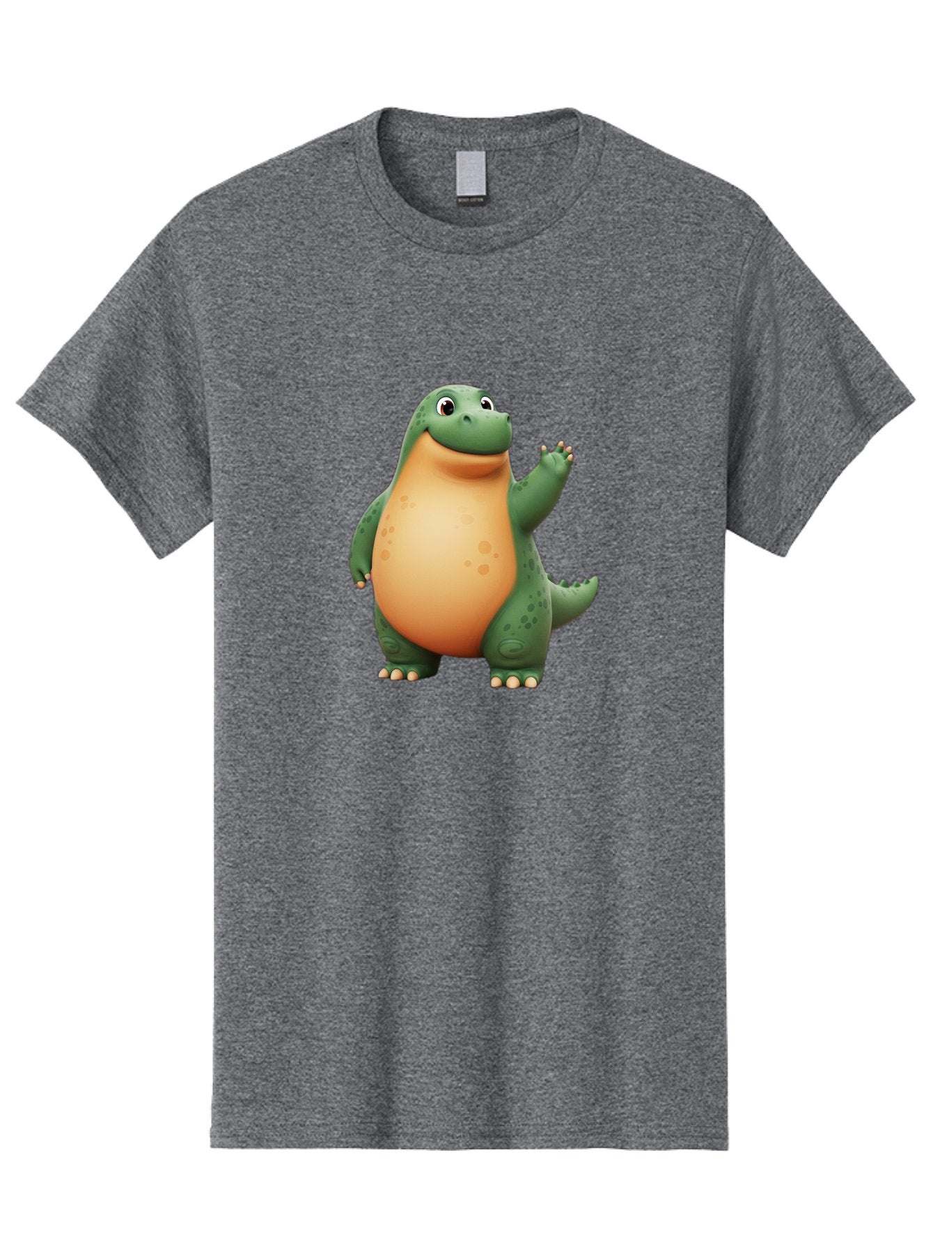 Green-Dinosaur Men'S Graphic Tee, 100% Cotton, Comfortable Casual Summer Wear, Machine Washable, Cartoon T-Rex, Smiling Dinosaur, Green And Orange Creature, Cute Prehistoric Animal, Friendly Monster, Dinosaur Waving, Dinosaur With Big Belly Bae463 3