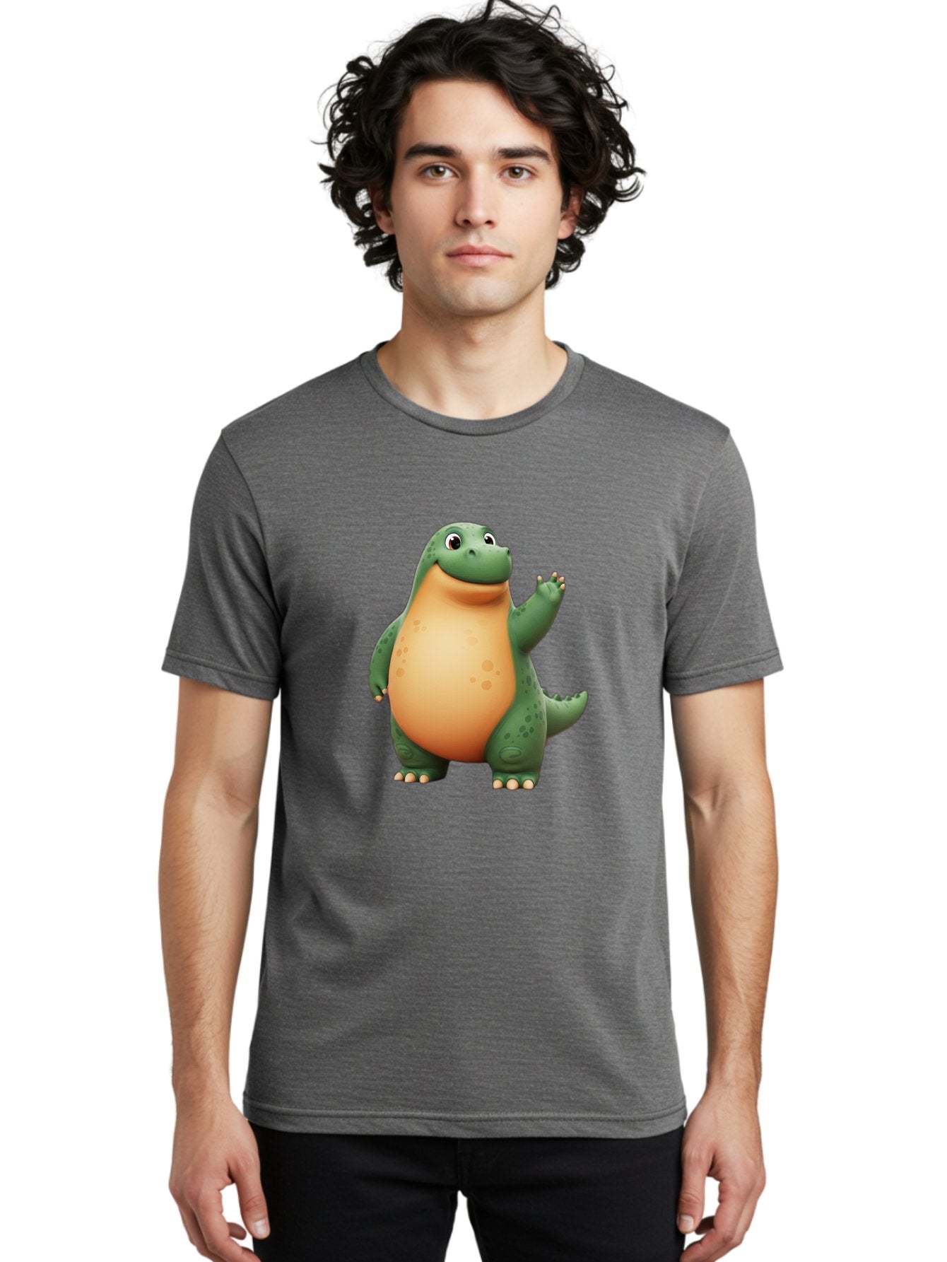 Green-Dinosaur Men'S Graphic Tee, 100% Cotton, Comfortable Casual Summer Wear, Machine Washable, Cartoon T-Rex, Smiling Dinosaur, Green And Orange Creature, Cute Prehistoric Animal, Friendly Monster, Dinosaur Waving, Dinosaur With Big Belly Bae463 22