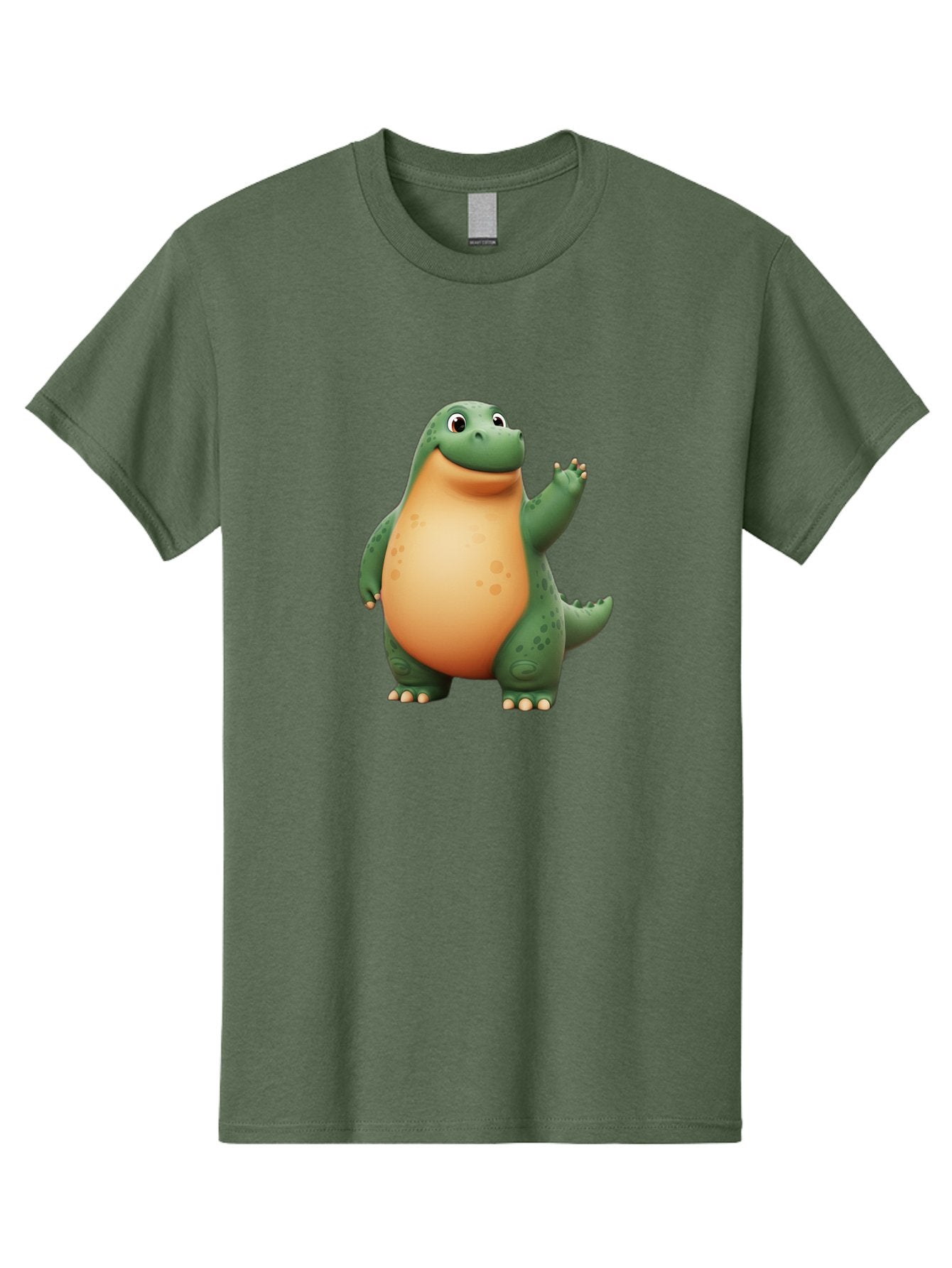 Green-Dinosaur Men'S Graphic Tee, 100% Cotton, Comfortable Casual Summer Wear, Machine Washable, Cartoon T-Rex, Smiling Dinosaur, Green And Orange Creature, Cute Prehistoric Animal, Friendly Monster, Dinosaur Waving, Dinosaur With Big Belly Bae463 9