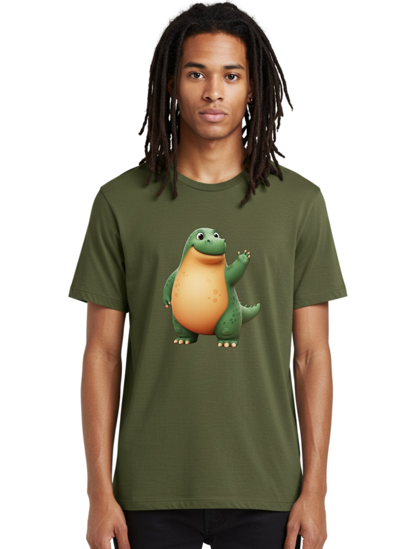 Green-Dinosaur Men'S Graphic Tee, 100% Cotton, Comfortable Casual Summer Wear, Machine Washable, Cartoon T-Rex, Smiling Dinosaur, Green And Orange Creature, Cute Prehistoric Animal, Friendly Monster, Dinosaur Waving, Dinosaur With Big Belly Bae463 26
