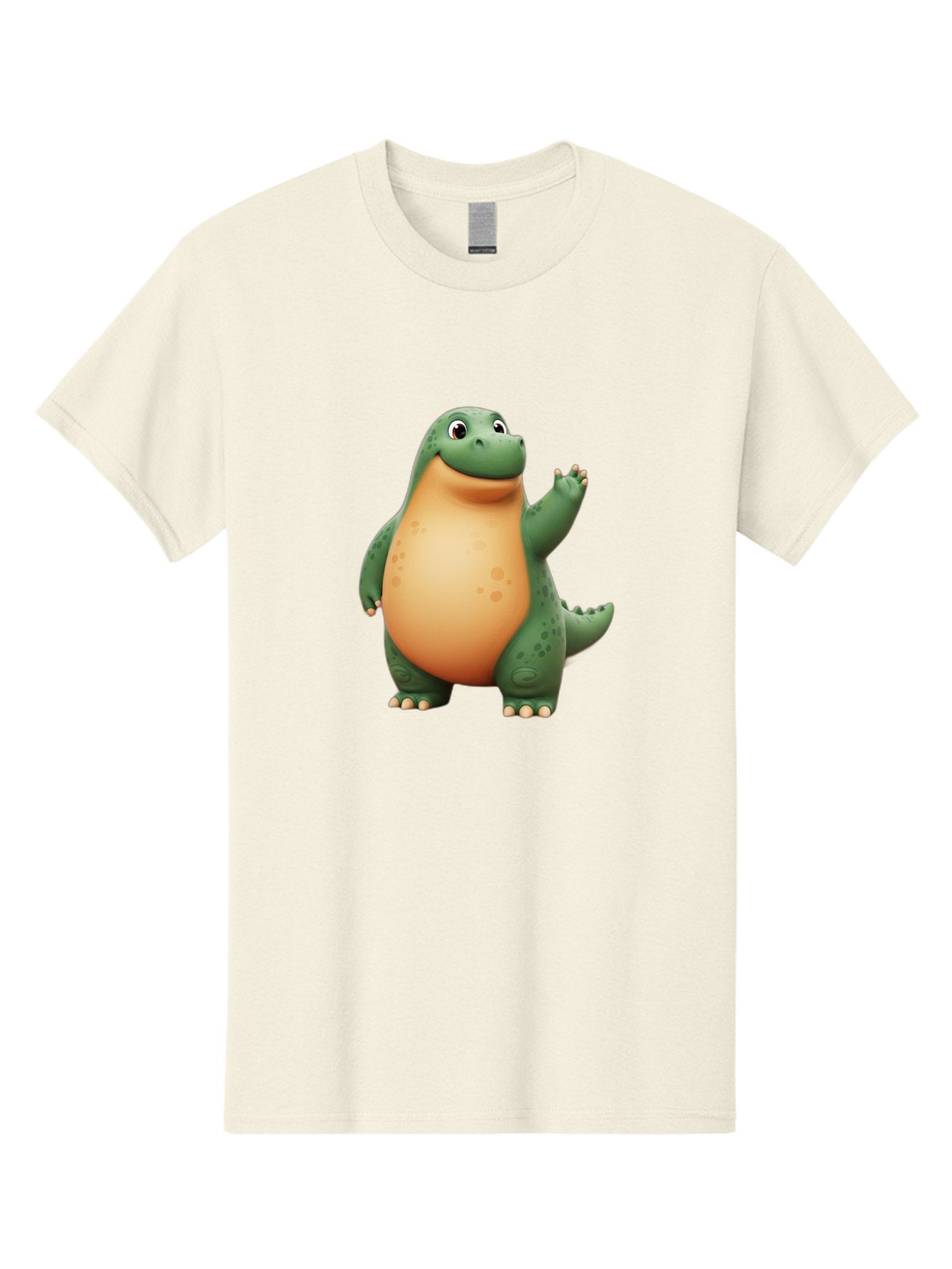 Green-Dinosaur Men'S Graphic Tee, 100% Cotton, Comfortable Casual Summer Wear, Machine Washable, Cartoon T-Rex, Smiling Dinosaur, Green And Orange Creature, Cute Prehistoric Animal, Friendly Monster, Dinosaur Waving, Dinosaur With Big Belly Bae463