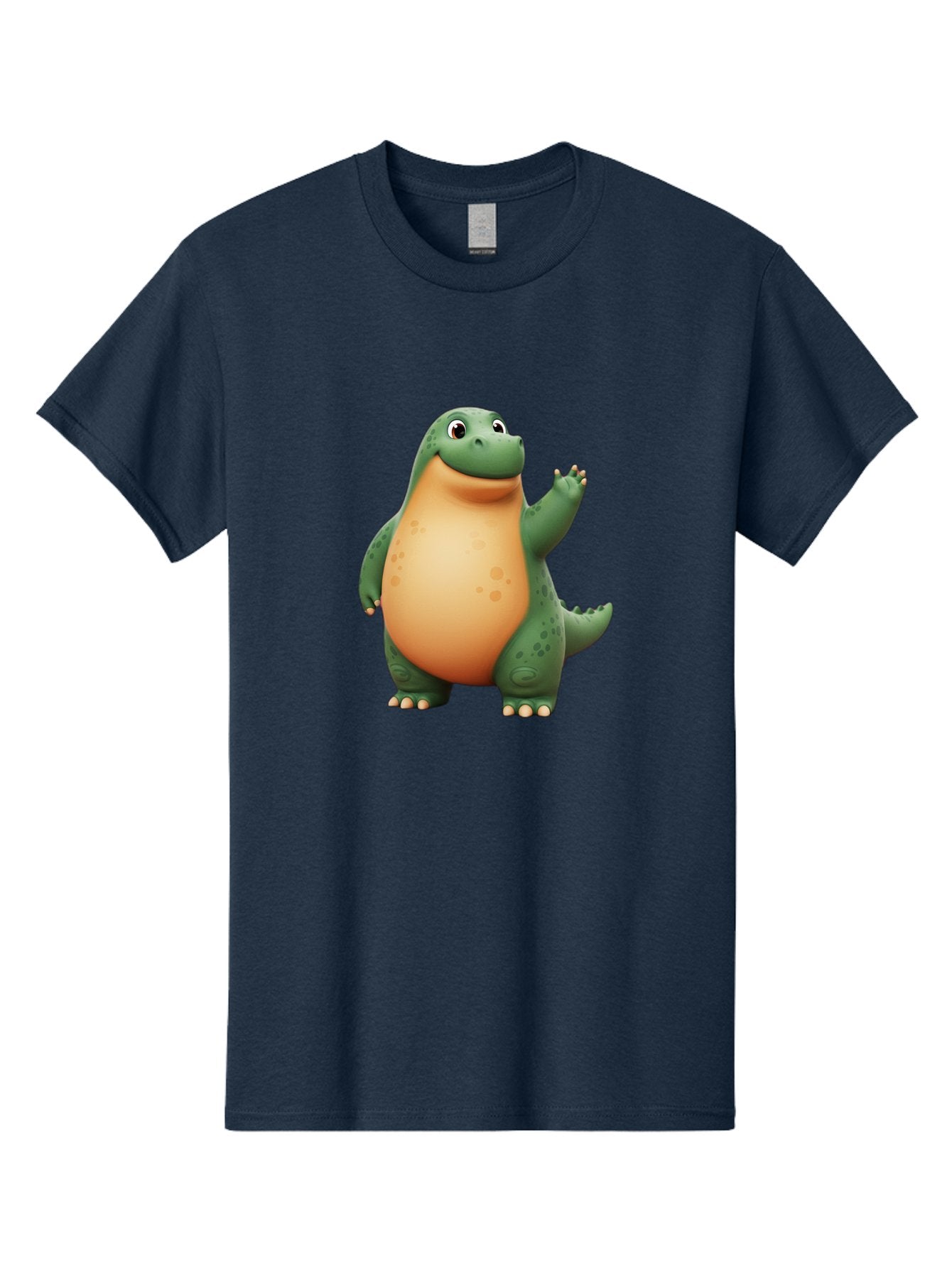 Green-Dinosaur Men'S Graphic Tee, 100% Cotton, Comfortable Casual Summer Wear, Machine Washable, Cartoon T-Rex, Smiling Dinosaur, Green And Orange Creature, Cute Prehistoric Animal, Friendly Monster, Dinosaur Waving, Dinosaur With Big Belly Bae463 14