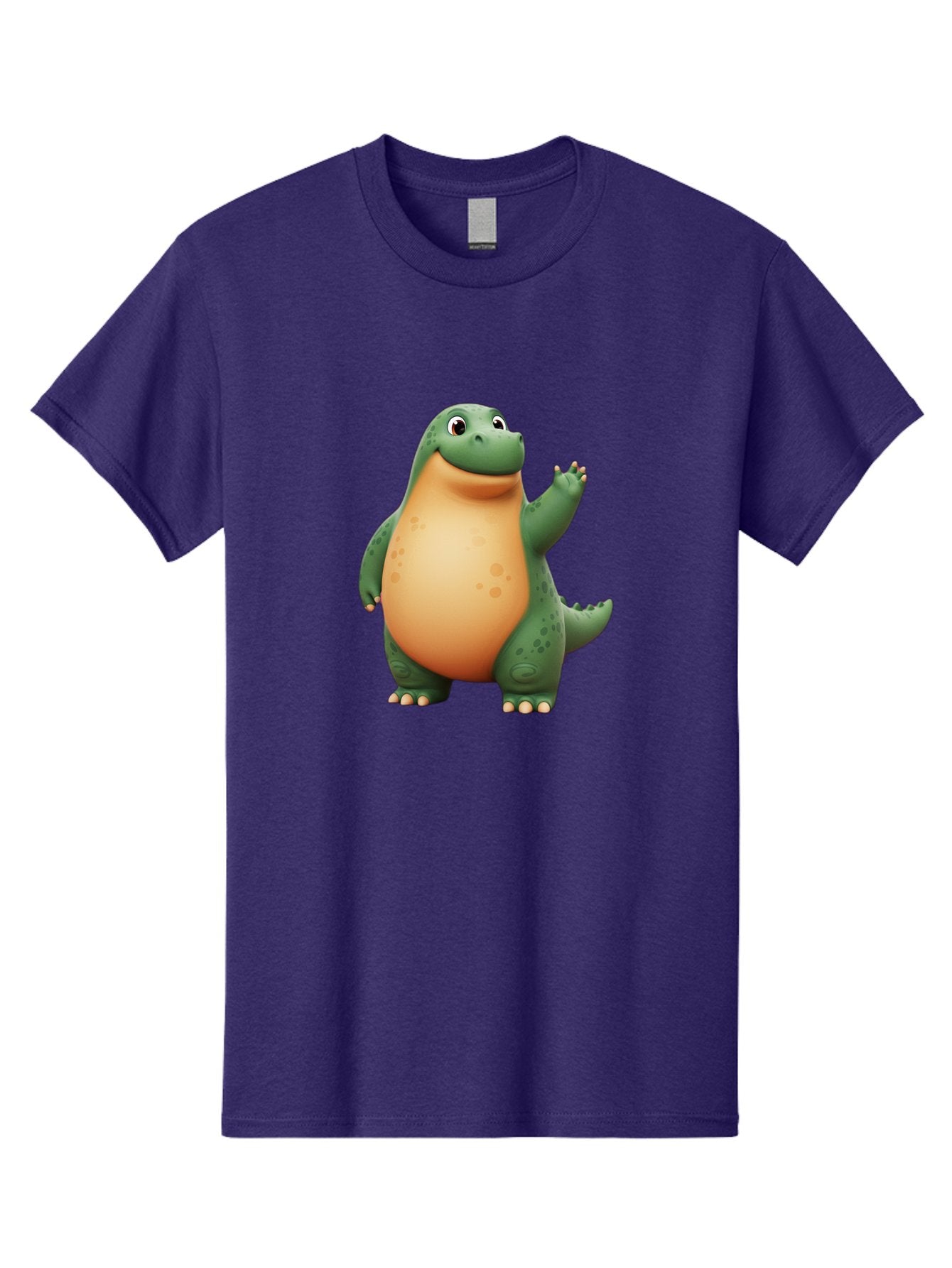 Green-Dinosaur Men'S Graphic Tee, 100% Cotton, Comfortable Casual Summer Wear, Machine Washable, Cartoon T-Rex, Smiling Dinosaur, Green And Orange Creature, Cute Prehistoric Animal, Friendly Monster, Dinosaur Waving, Dinosaur With Big Belly Bae463 4