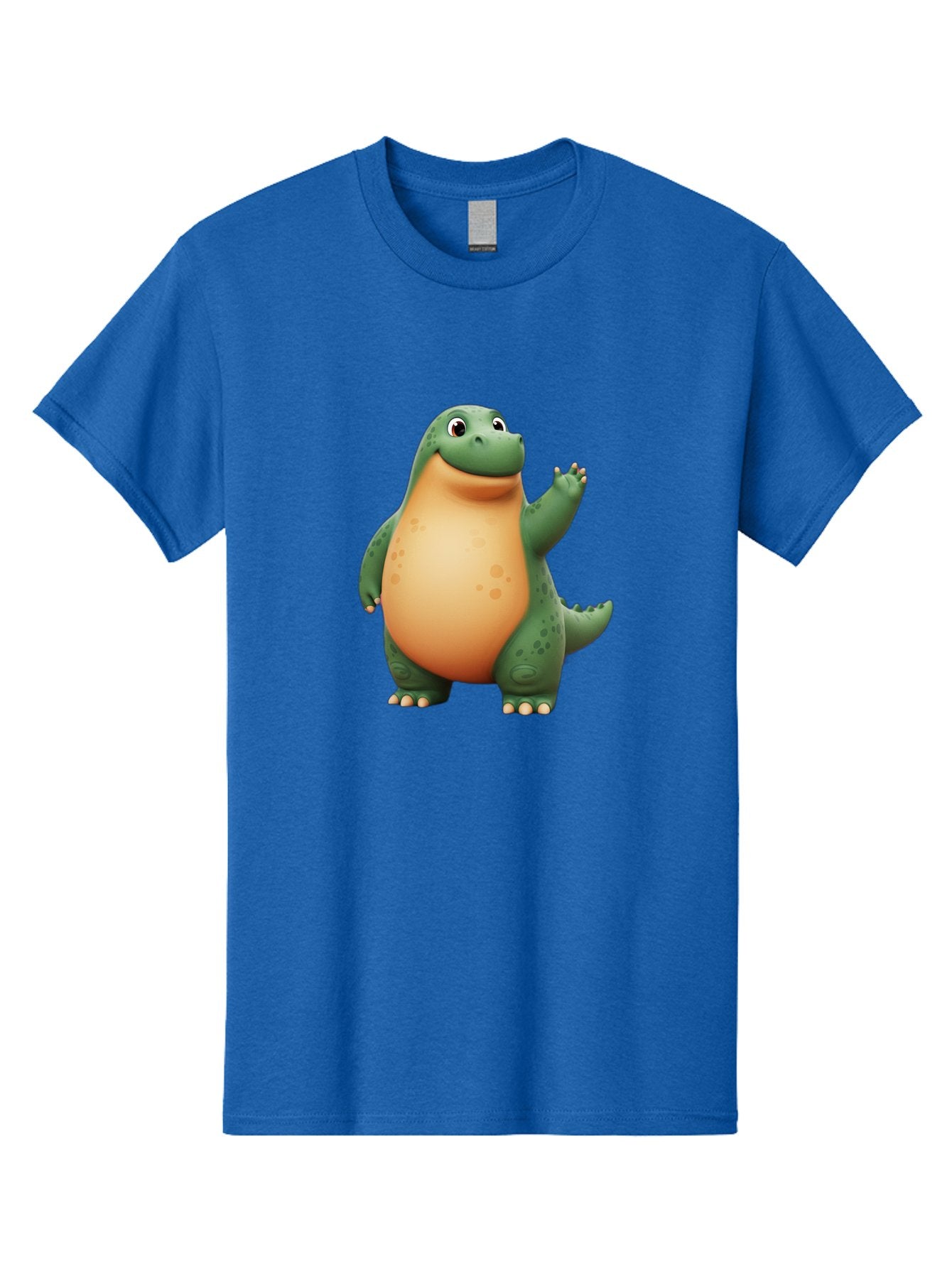 Green-Dinosaur Men'S Graphic Tee, 100% Cotton, Comfortable Casual Summer Wear, Machine Washable, Cartoon T-Rex, Smiling Dinosaur, Green And Orange Creature, Cute Prehistoric Animal, Friendly Monster, Dinosaur Waving, Dinosaur With Big Belly Bae463 11