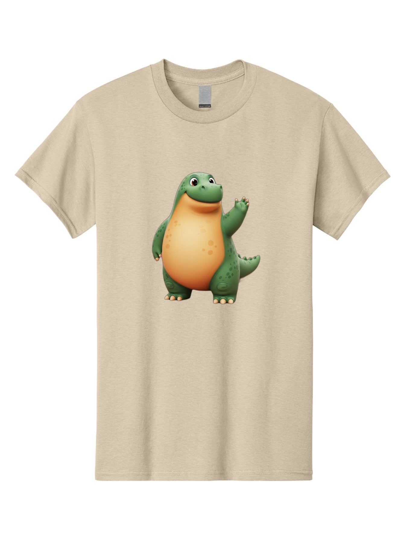 Green-Dinosaur Men'S Graphic Tee, 100% Cotton, Comfortable Casual Summer Wear, Machine Washable, Cartoon T-Rex, Smiling Dinosaur, Green And Orange Creature, Cute Prehistoric Animal, Friendly Monster, Dinosaur Waving, Dinosaur With Big Belly Bae463 13