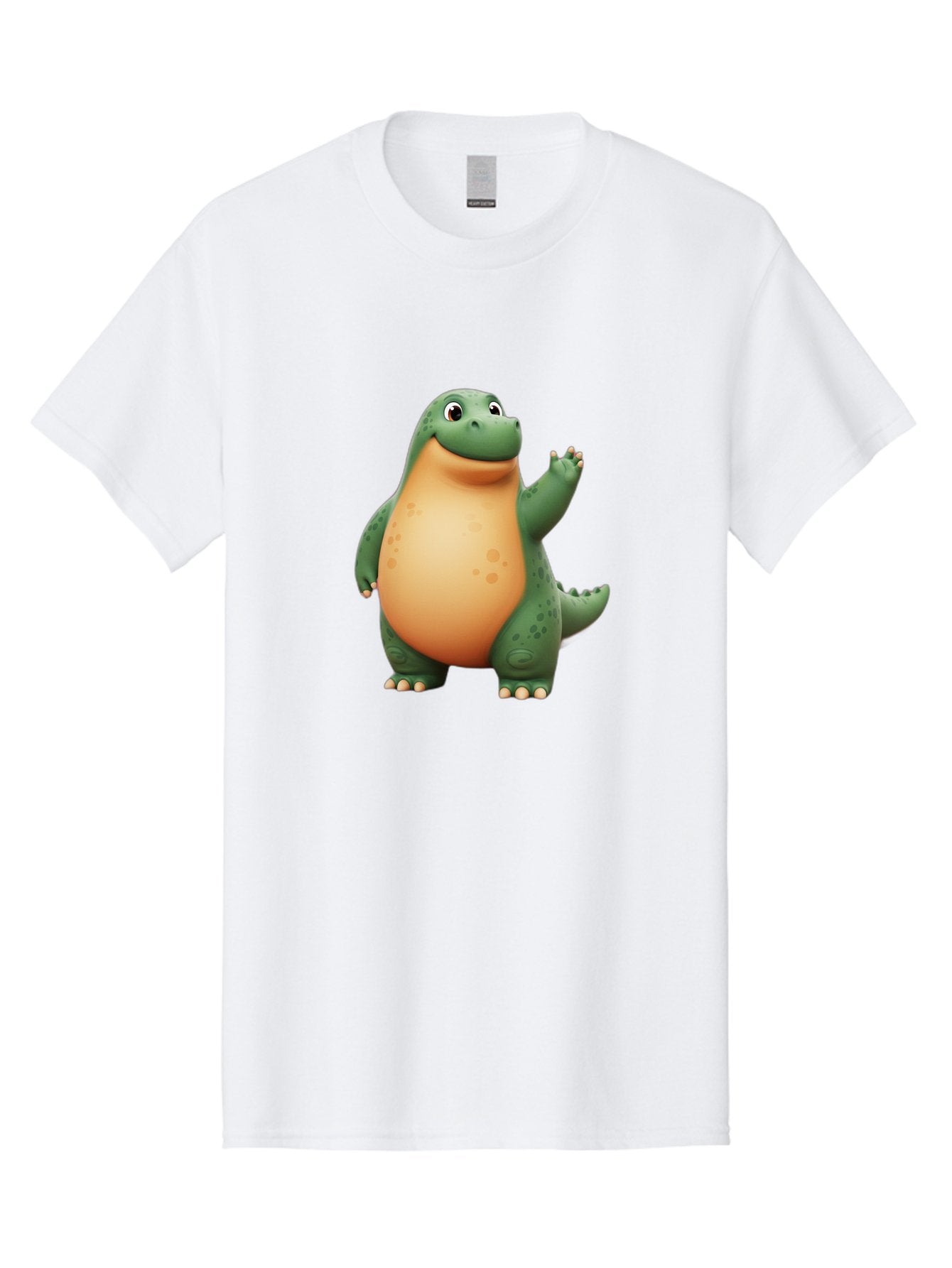 Green-Dinosaur Men'S Graphic Tee, 100% Cotton, Comfortable Casual Summer Wear, Machine Washable, Cartoon T-Rex, Smiling Dinosaur, Green And Orange Creature, Cute Prehistoric Animal, Friendly Monster, Dinosaur Waving, Dinosaur With Big Belly Bae463 6