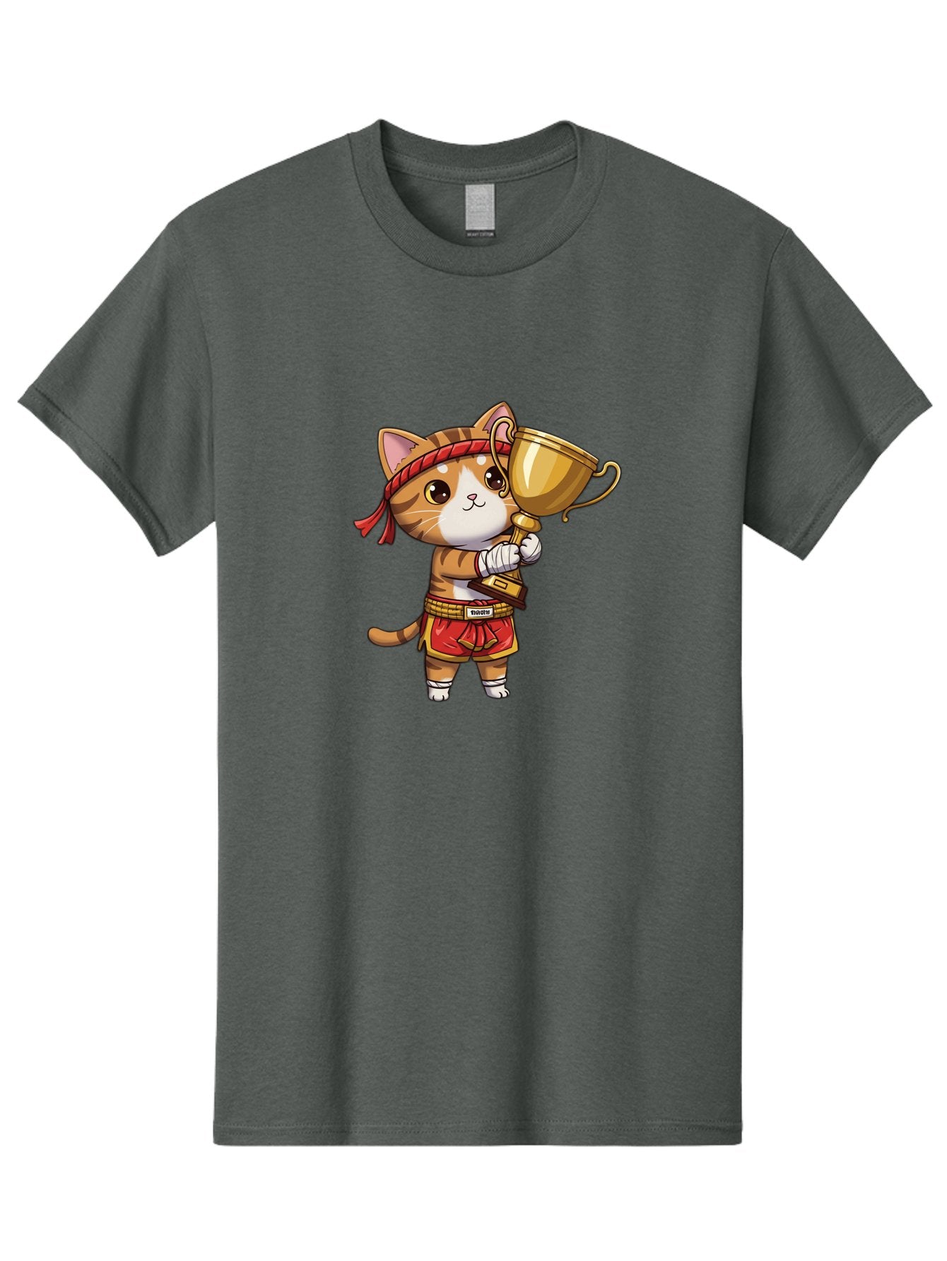 Gudetama-Cat Men'S Graphic Tee, 100% Cotton, Comfortable Casual Summer Wear, Machine Washable, Cartoon Cat, Muay Thai Fighter, Golden Trophy, Martial Arts, Winner, Champion, Adorable Cat, Red Shorts, Headband, Victorious, Celebratory Bae464 11