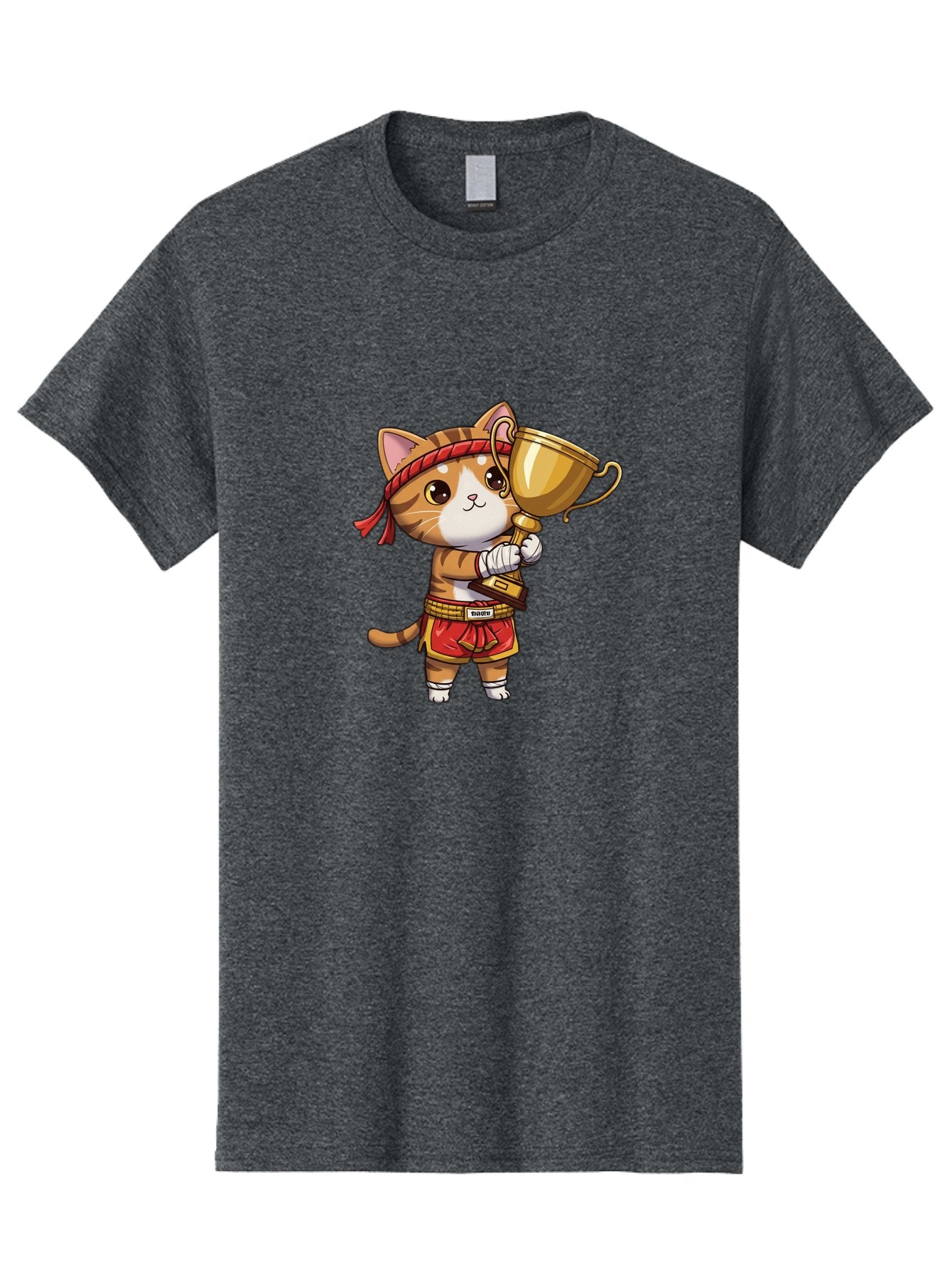 Gudetama-Cat Men'S Graphic Tee, 100% Cotton, Comfortable Casual Summer Wear, Machine Washable, Cartoon Cat, Muay Thai Fighter, Golden Trophy, Martial Arts, Winner, Champion, Adorable Cat, Red Shorts, Headband, Victorious, Celebratory Bae464 13