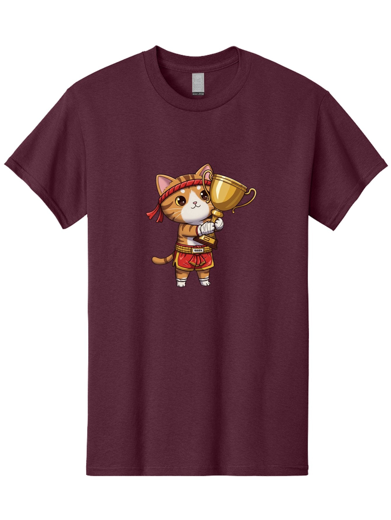 Gudetama-Cat Men'S Graphic Tee, 100% Cotton, Comfortable Casual Summer Wear, Machine Washable, Cartoon Cat, Muay Thai Fighter, Golden Trophy, Martial Arts, Winner, Champion, Adorable Cat, Red Shorts, Headband, Victorious, Celebratory Bae464 15