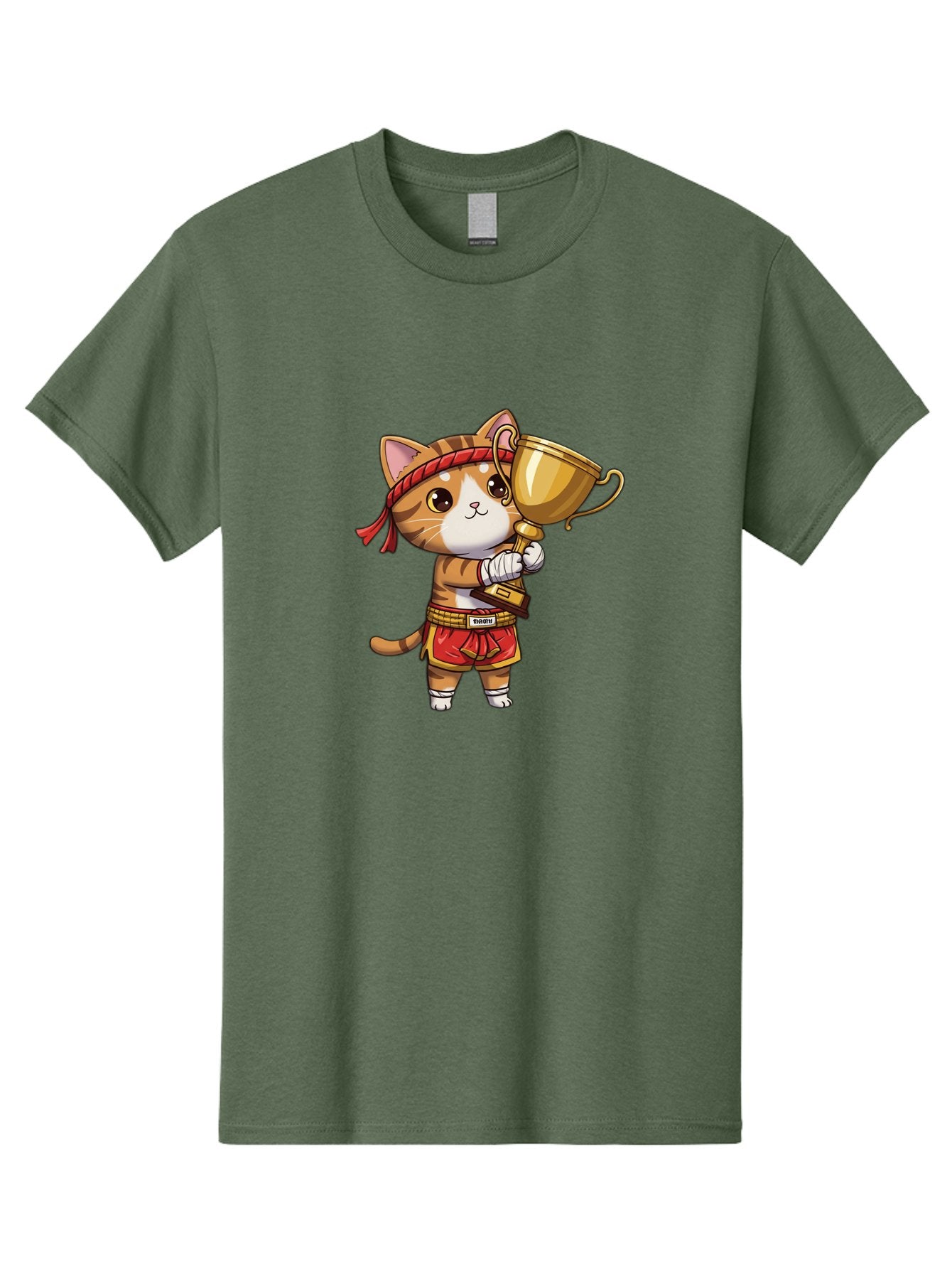 Gudetama-Cat Men'S Graphic Tee, 100% Cotton, Comfortable Casual Summer Wear, Machine Washable, Cartoon Cat, Muay Thai Fighter, Golden Trophy, Martial Arts, Winner, Champion, Adorable Cat, Red Shorts, Headband, Victorious, Celebratory Bae464 14