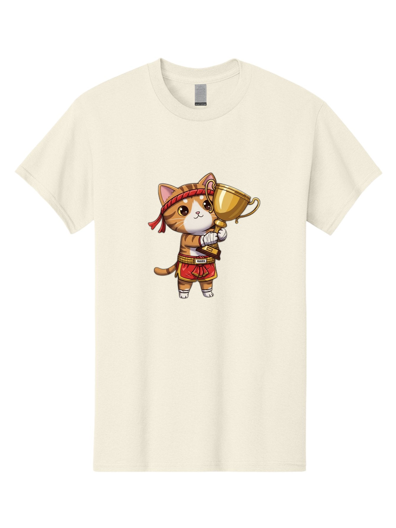 Gudetama-Cat Men'S Graphic Tee, 100% Cotton, Comfortable Casual Summer Wear, Machine Washable, Cartoon Cat, Muay Thai Fighter, Golden Trophy, Martial Arts, Winner, Champion, Adorable Cat, Red Shorts, Headband, Victorious, Celebratory Bae464 9