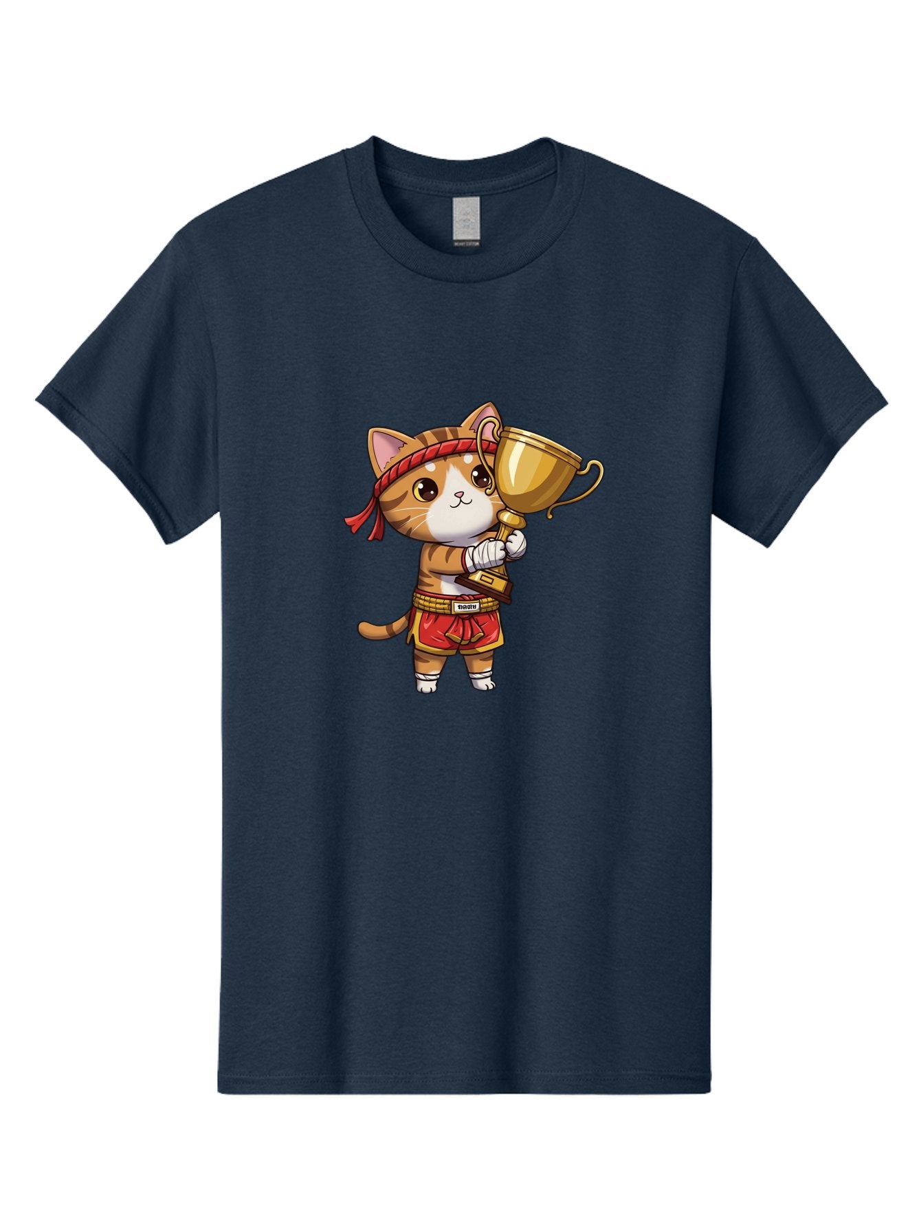 Gudetama-Cat Men'S Graphic Tee, 100% Cotton, Comfortable Casual Summer Wear, Machine Washable, Cartoon Cat, Muay Thai Fighter, Golden Trophy, Martial Arts, Winner, Champion, Adorable Cat, Red Shorts, Headband, Victorious, Celebratory Bae464