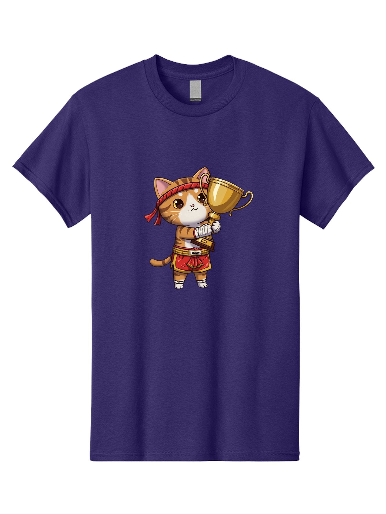 Gudetama-Cat Men'S Graphic Tee, 100% Cotton, Comfortable Casual Summer Wear, Machine Washable, Cartoon Cat, Muay Thai Fighter, Golden Trophy, Martial Arts, Winner, Champion, Adorable Cat, Red Shorts, Headband, Victorious, Celebratory Bae464 7