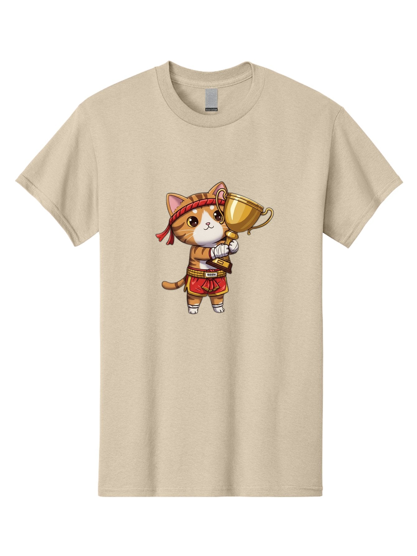 Gudetama-Cat Men'S Graphic Tee, 100% Cotton, Comfortable Casual Summer Wear, Machine Washable, Cartoon Cat, Muay Thai Fighter, Golden Trophy, Martial Arts, Winner, Champion, Adorable Cat, Red Shorts, Headband, Victorious, Celebratory Bae464 3