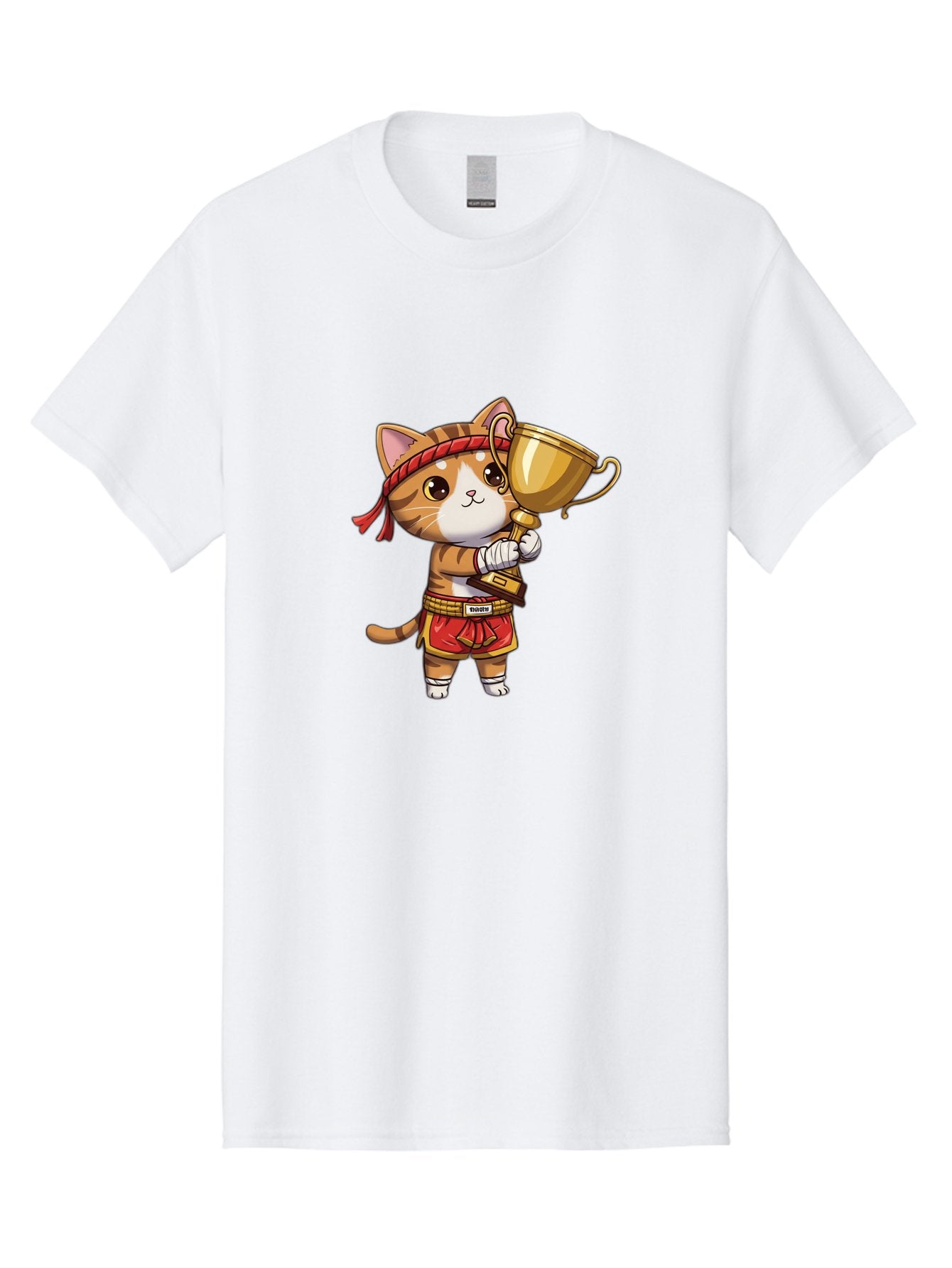 Gudetama-Cat Men'S Graphic Tee, 100% Cotton, Comfortable Casual Summer Wear, Machine Washable, Cartoon Cat, Muay Thai Fighter, Golden Trophy, Martial Arts, Winner, Champion, Adorable Cat, Red Shorts, Headband, Victorious, Celebratory Bae464 12