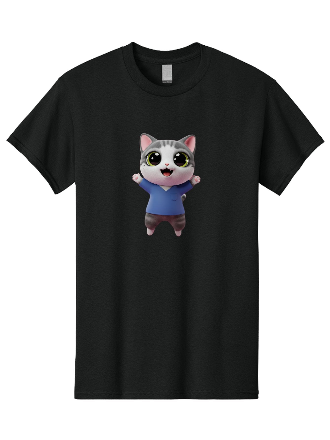 Happy-Cat Men'S Graphic Tee, 100% Cotton, Comfortable Casual Summer Wear, Machine Washable, Cartoon Cat, Gray And White Fur, Blue Shirt, Black Pants, Big Eyes, Cute Expression, Happy Face, Animated Character, 3D Illustration, Joyful Pose, Bae465