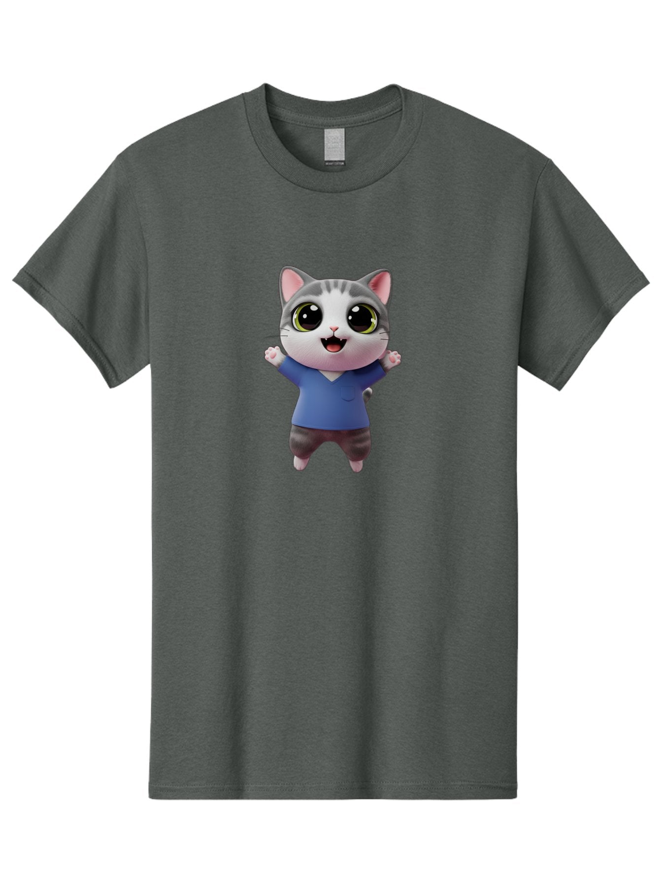 Happy-Cat Men'S Graphic Tee, 100% Cotton, Comfortable Casual Summer Wear, Machine Washable, Cartoon Cat, Gray And White Fur, Blue Shirt, Black Pants, Big Eyes, Cute Expression, Happy Face, Animated Character, 3D Illustration, Joyful Pose, Bae465 15