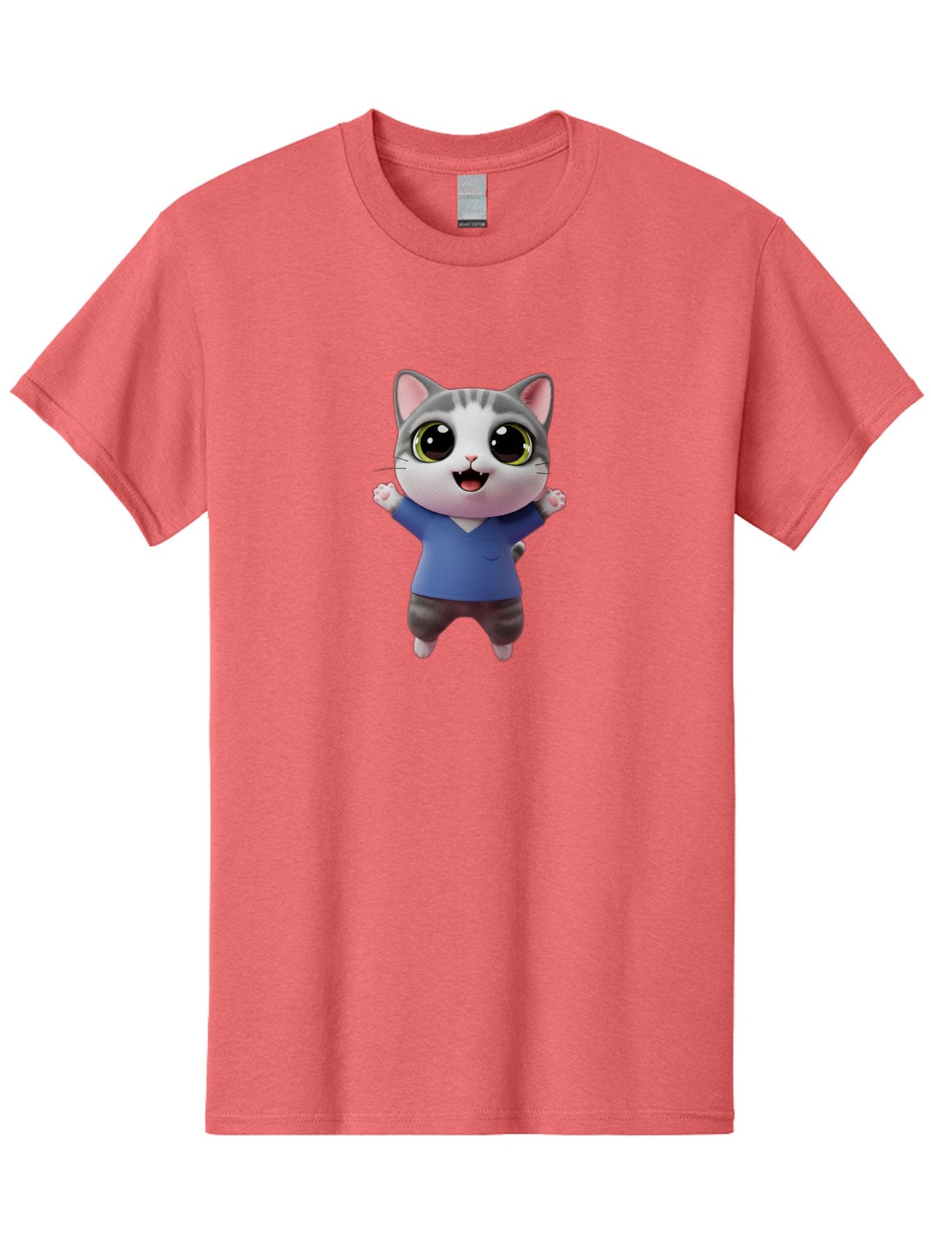 Happy-Cat Men'S Graphic Tee, 100% Cotton, Comfortable Casual Summer Wear, Machine Washable, Cartoon Cat, Gray And White Fur, Blue Shirt, Black Pants, Big Eyes, Cute Expression, Happy Face, Animated Character, 3D Illustration, Joyful Pose, Bae465 12