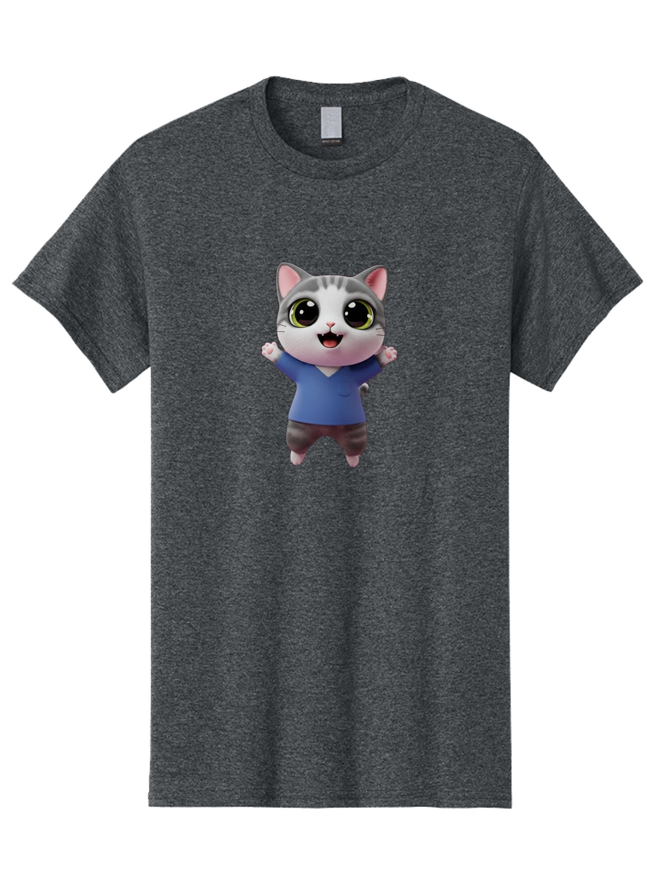 Happy-Cat Men'S Graphic Tee, 100% Cotton, Comfortable Casual Summer Wear, Machine Washable, Cartoon Cat, Gray And White Fur, Blue Shirt, Black Pants, Big Eyes, Cute Expression, Happy Face, Animated Character, 3D Illustration, Joyful Pose, Bae465