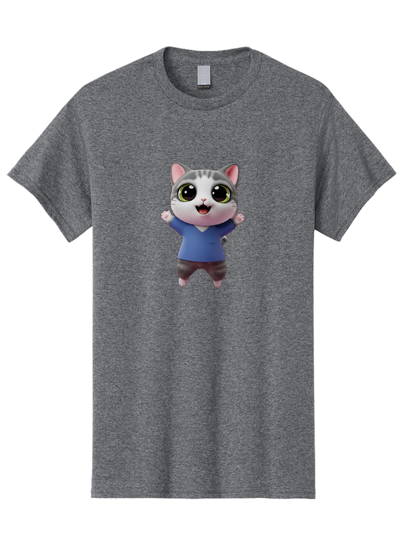 Happy-Cat Men'S Graphic Tee, 100% Cotton, Comfortable Casual Summer Wear, Machine Washable, Cartoon Cat, Gray And White Fur, Blue Shirt, Black Pants, Big Eyes, Cute Expression, Happy Face, Animated Character, 3D Illustration, Joyful Pose, Bae465 7
