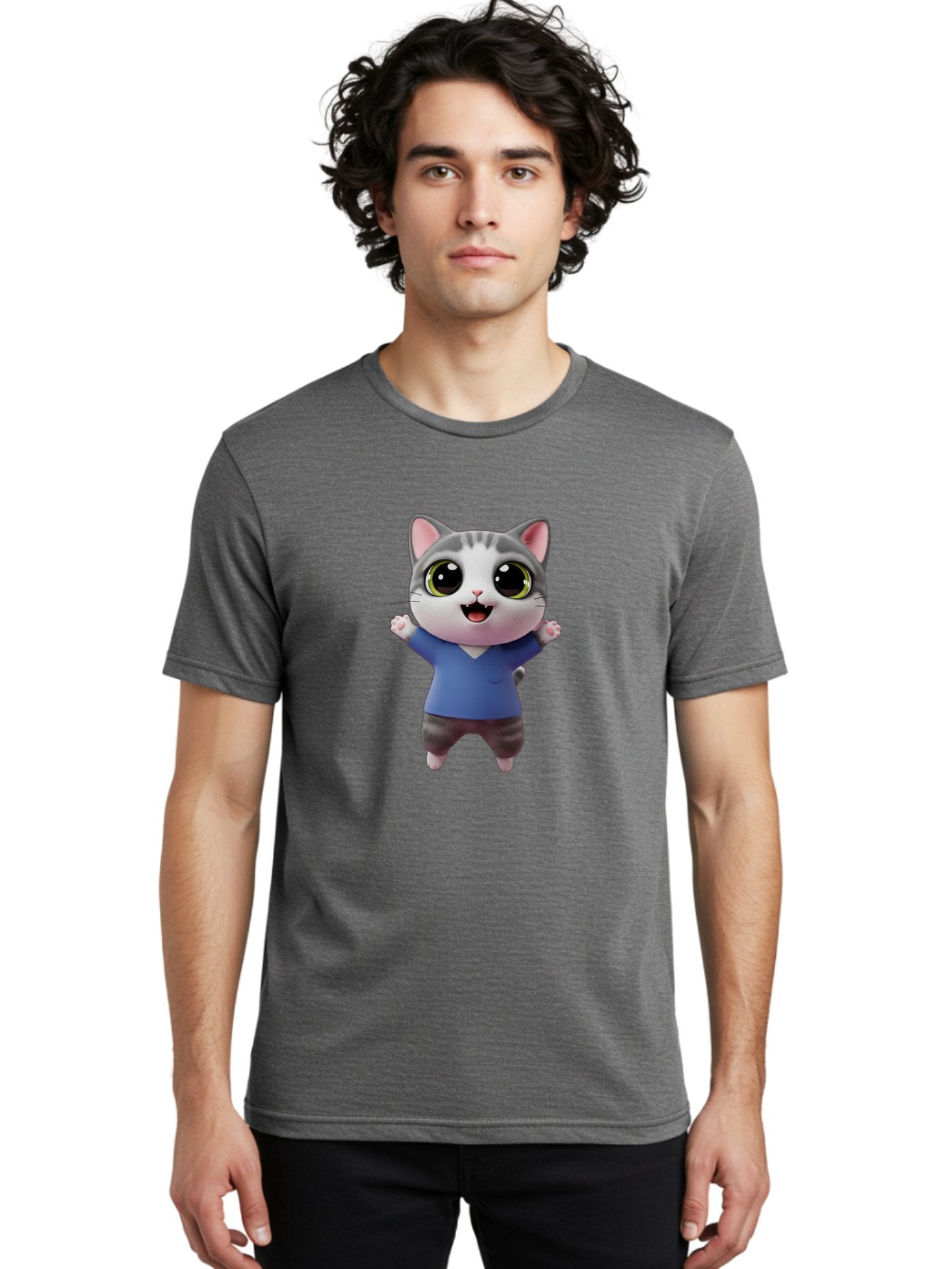Happy-Cat Men'S Graphic Tee, 100% Cotton, Comfortable Casual Summer Wear, Machine Washable, Cartoon Cat, Gray And White Fur, Blue Shirt, Black Pants, Big Eyes, Cute Expression, Happy Face, Animated Character, 3D Illustration, Joyful Pose, Bae465 16