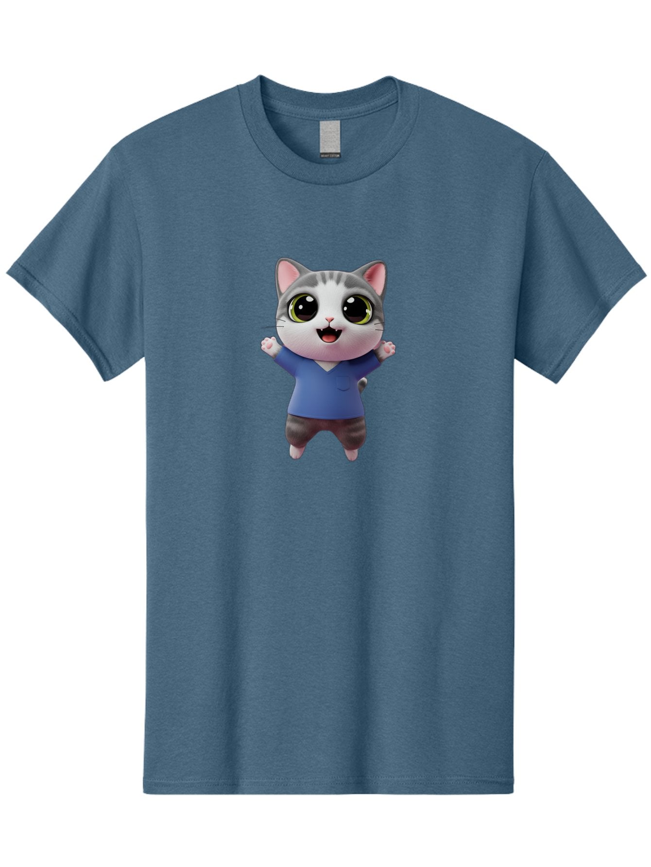 Happy-Cat Men'S Graphic Tee, 100% Cotton, Comfortable Casual Summer Wear, Machine Washable, Cartoon Cat, Gray And White Fur, Blue Shirt, Black Pants, Big Eyes, Cute Expression, Happy Face, Animated Character, 3D Illustration, Joyful Pose, Bae465 6
