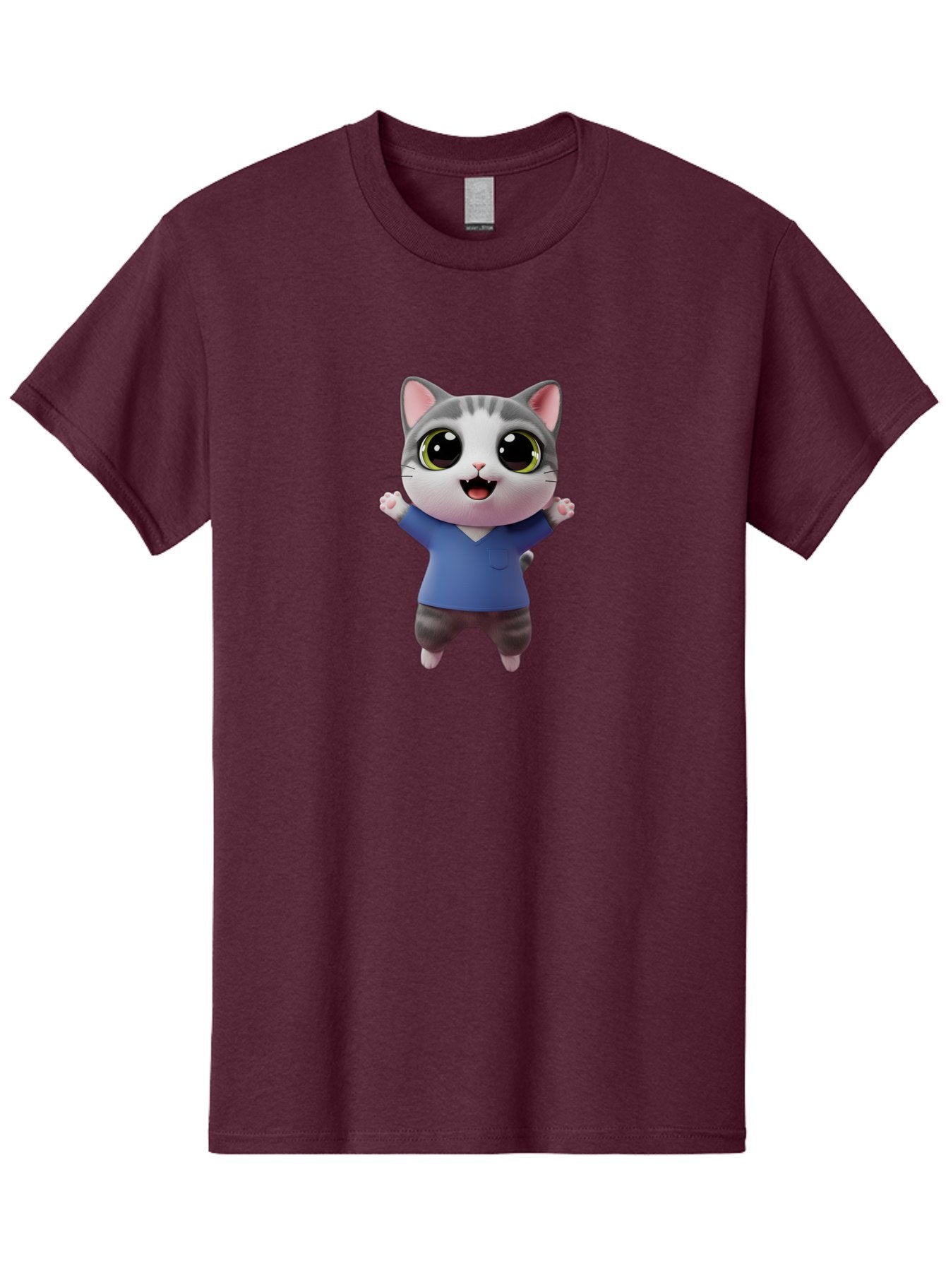 Happy-Cat Men'S Graphic Tee, 100% Cotton, Comfortable Casual Summer Wear, Machine Washable, Cartoon Cat, Gray And White Fur, Blue Shirt, Black Pants, Big Eyes, Cute Expression, Happy Face, Animated Character, 3D Illustration, Joyful Pose, Bae465 10