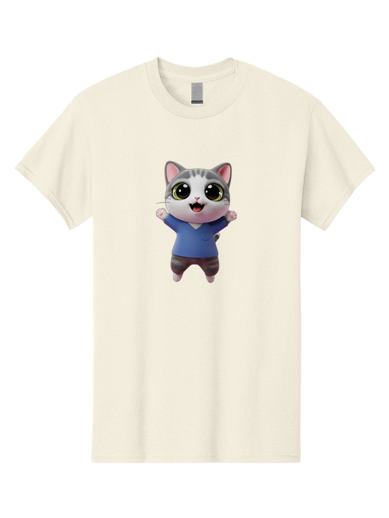 Happy-Cat Men'S Graphic Tee, 100% Cotton, Comfortable Casual Summer Wear, Machine Washable, Cartoon Cat, Gray And White Fur, Blue Shirt, Black Pants, Big Eyes, Cute Expression, Happy Face, Animated Character, 3D Illustration, Joyful Pose, Bae465 11