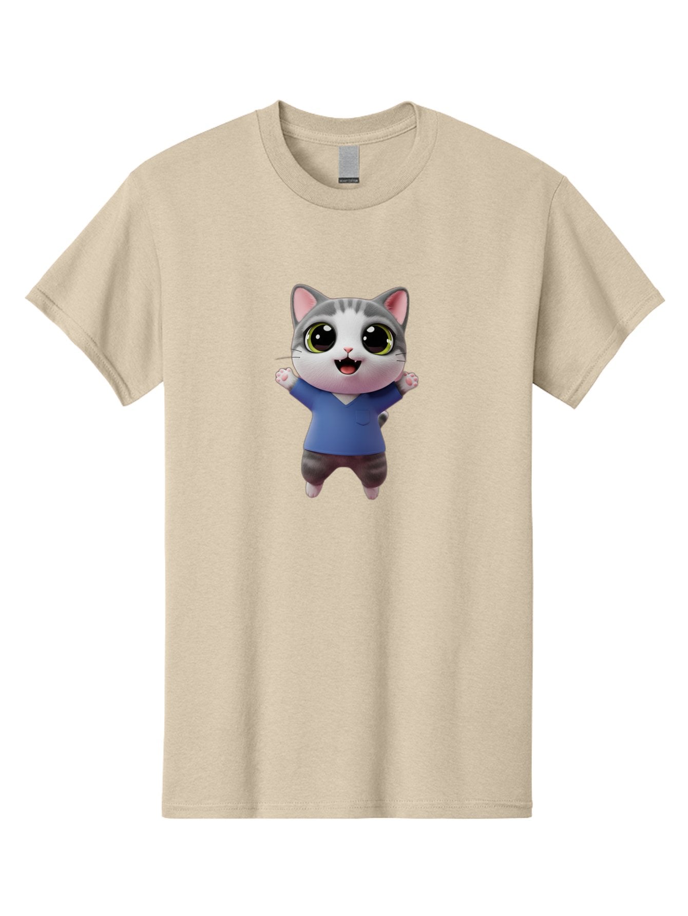 Happy-Cat Men'S Graphic Tee, 100% Cotton, Comfortable Casual Summer Wear, Machine Washable, Cartoon Cat, Gray And White Fur, Blue Shirt, Black Pants, Big Eyes, Cute Expression, Happy Face, Animated Character, 3D Illustration, Joyful Pose, Bae465 4