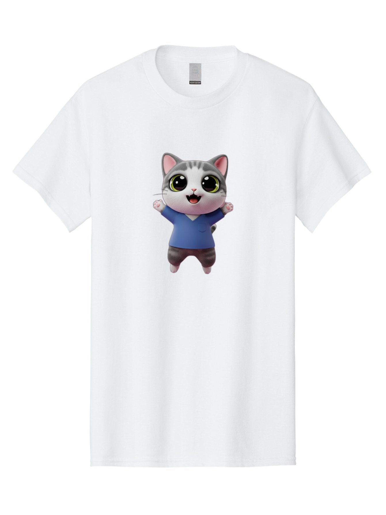 Happy-Cat Men'S Graphic Tee, 100% Cotton, Comfortable Casual Summer Wear, Machine Washable, Cartoon Cat, Gray And White Fur, Blue Shirt, Black Pants, Big Eyes, Cute Expression, Happy Face, Animated Character, 3D Illustration, Joyful Pose, Bae465 9