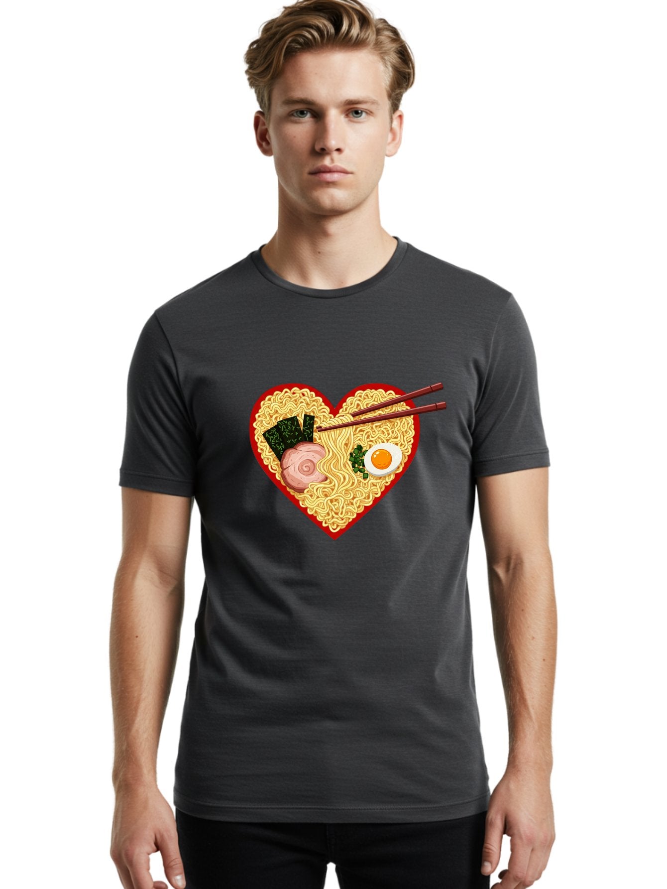 Heart-Shaped-Ramen-Noodles Men'S Graphic Tee, 100% Cotton, Comfortable Casual Summer Wear, Machine Washable, Ramen Noodles, Heart-Shaped Bowl, Chopsticks, Soft-Boiled Egg, Sliced Pork, Seaweed, Green Onions, Asian Cuisine, Japanese Food, Bae466 30