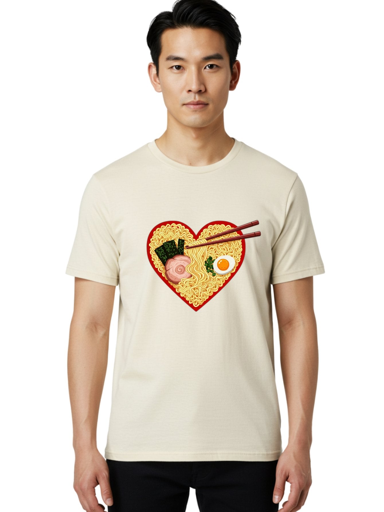 Heart-Shaped-Ramen-Noodles Men'S Graphic Tee, 100% Cotton, Comfortable Casual Summer Wear, Machine Washable, Ramen Noodles, Heart-Shaped Bowl, Chopsticks, Soft-Boiled Egg, Sliced Pork, Seaweed, Green Onions, Asian Cuisine, Japanese Food, Bae466 25