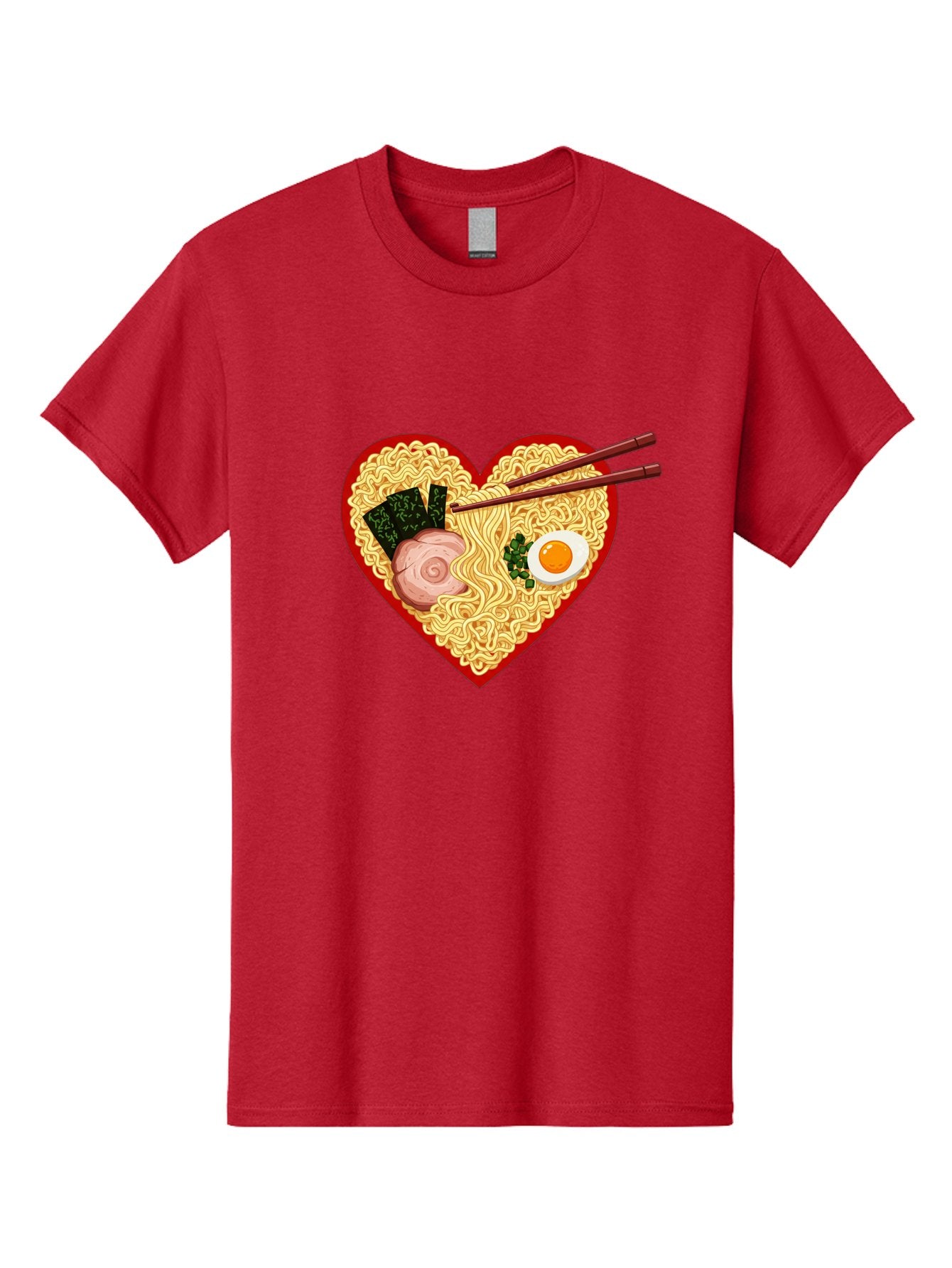 Heart-Shaped-Ramen-Noodles Men'S Graphic Tee, 100% Cotton, Comfortable Casual Summer Wear, Machine Washable, Ramen Noodles, Heart-Shaped Bowl, Chopsticks, Soft-Boiled Egg, Sliced Pork, Seaweed, Green Onions, Asian Cuisine, Japanese Food, Bae466