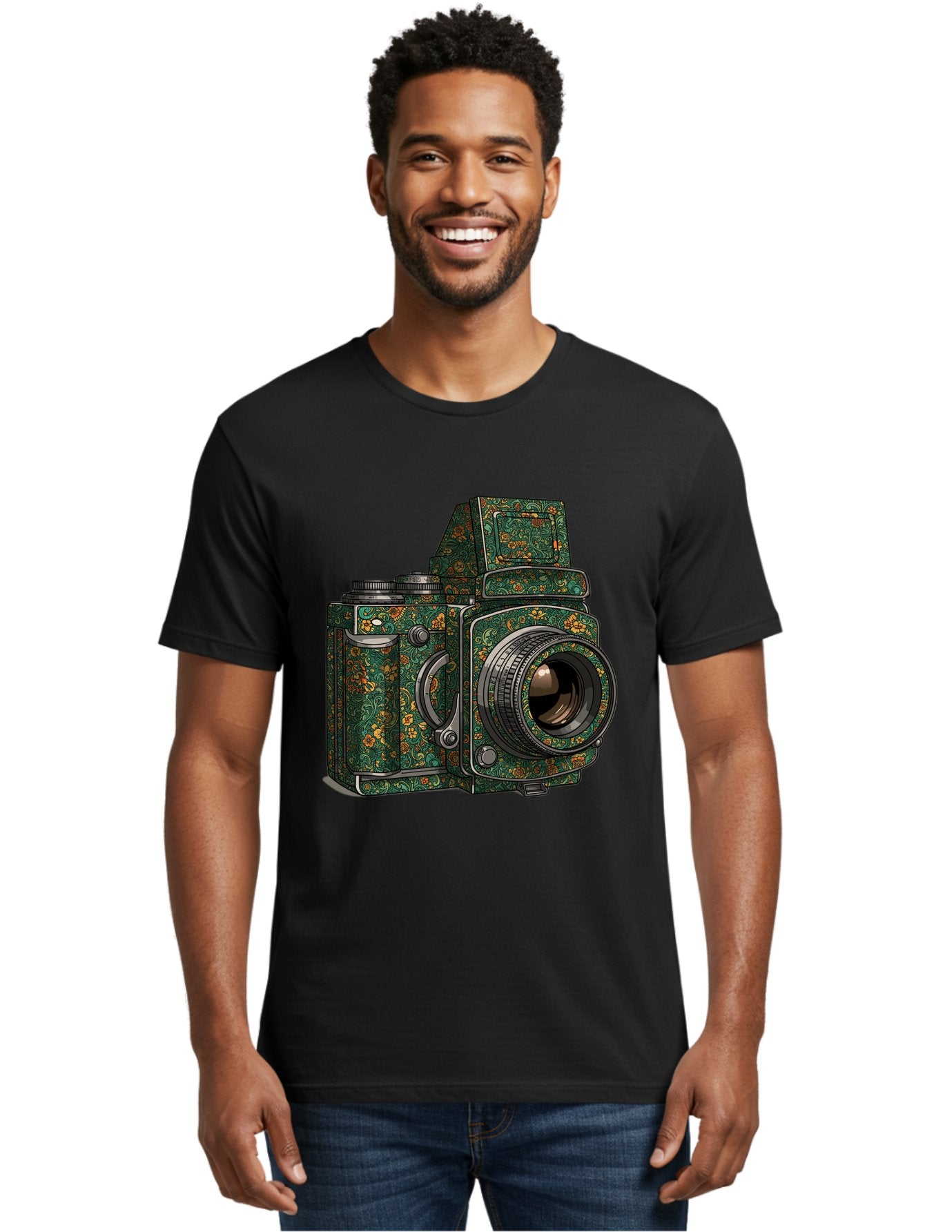 Holoformer-Camera Men'S Graphic Tee, 100% Cotton, Comfortable Casual Summer Wear, Machine Washable, Medium Format Camera, Vintage Photography Equipment, Retro Camera Design, Floral Patterns, Luxurious Look, Intricate Details, Bae468 20