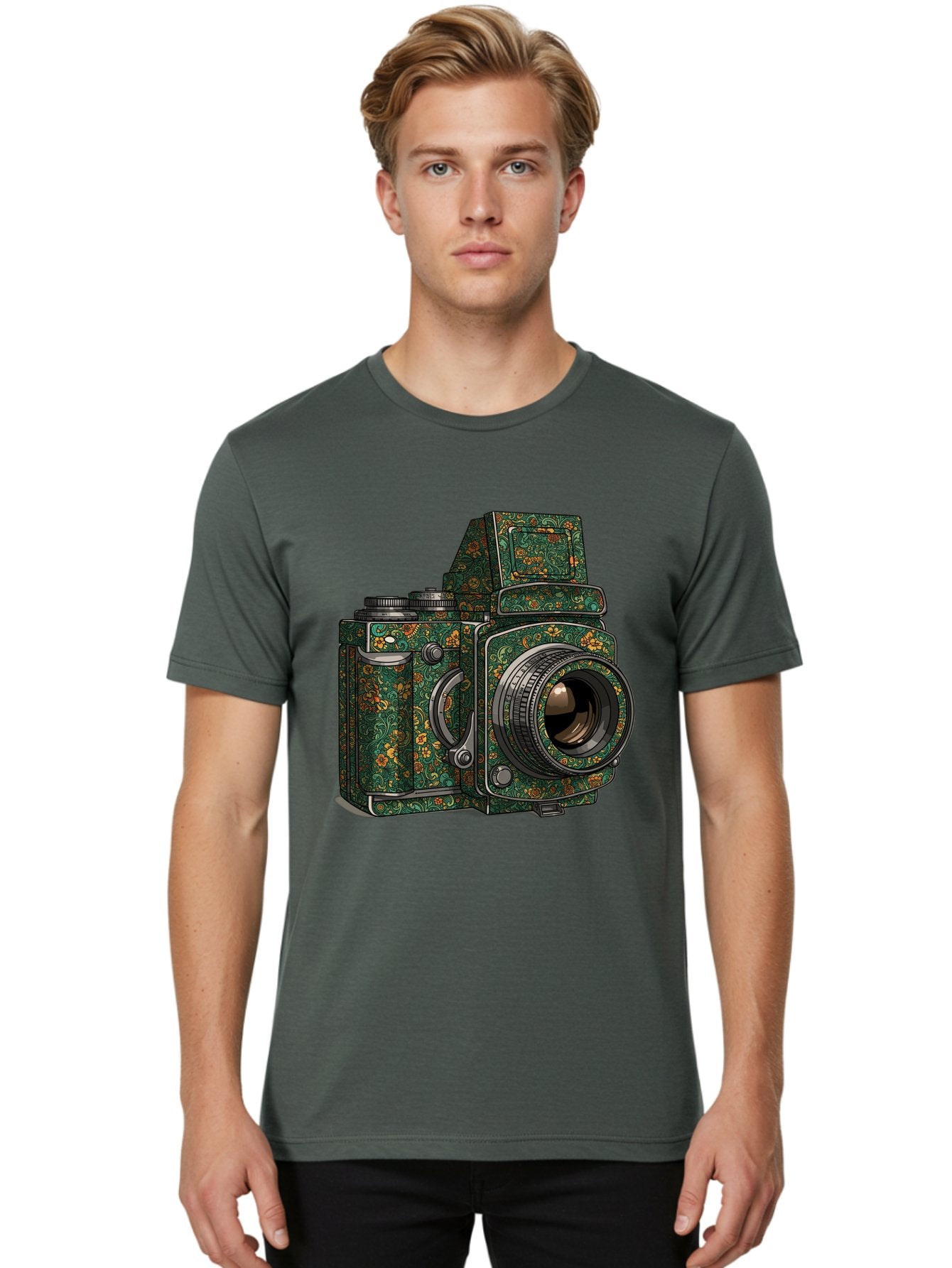 Holoformer-Camera Men'S Graphic Tee, 100% Cotton, Comfortable Casual Summer Wear, Machine Washable, Medium Format Camera, Vintage Photography Equipment, Retro Camera Design, Floral Patterns, Luxurious Look, Intricate Details, Bae468 21