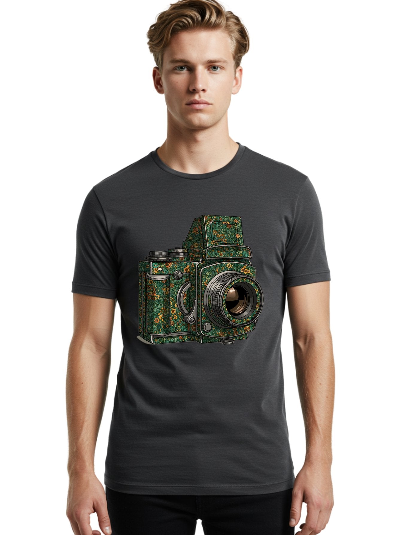 Holoformer-Camera Men'S Graphic Tee, 100% Cotton, Comfortable Casual Summer Wear, Machine Washable, Medium Format Camera, Vintage Photography Equipment, Retro Camera Design, Floral Patterns, Luxurious Look, Intricate Details, Bae468 24