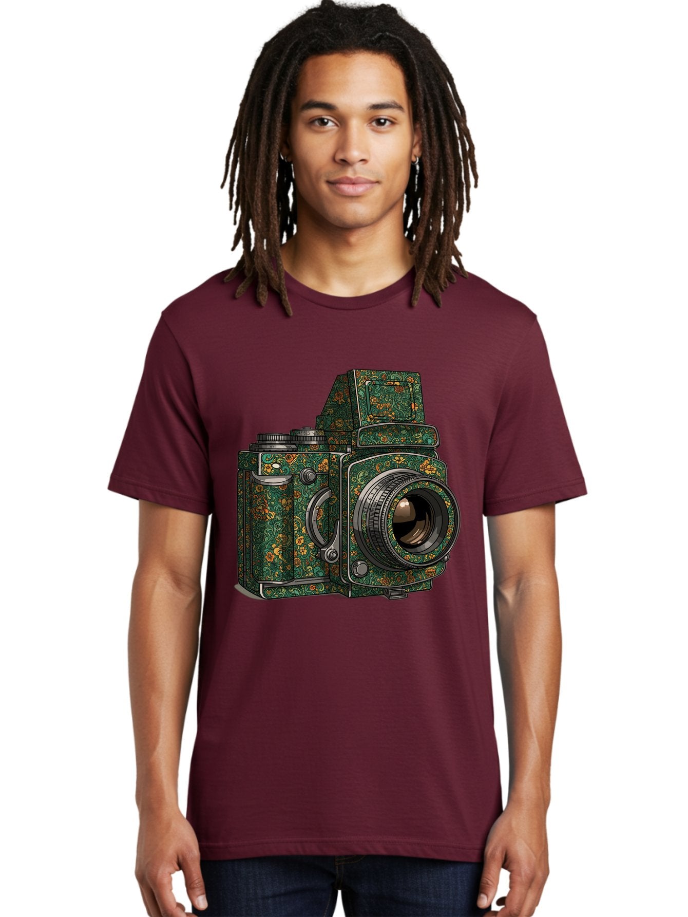 Holoformer-Camera Men'S Graphic Tee, 100% Cotton, Comfortable Casual Summer Wear, Machine Washable, Medium Format Camera, Vintage Photography Equipment, Retro Camera Design, Floral Patterns, Luxurious Look, Intricate Details, Bae468 17