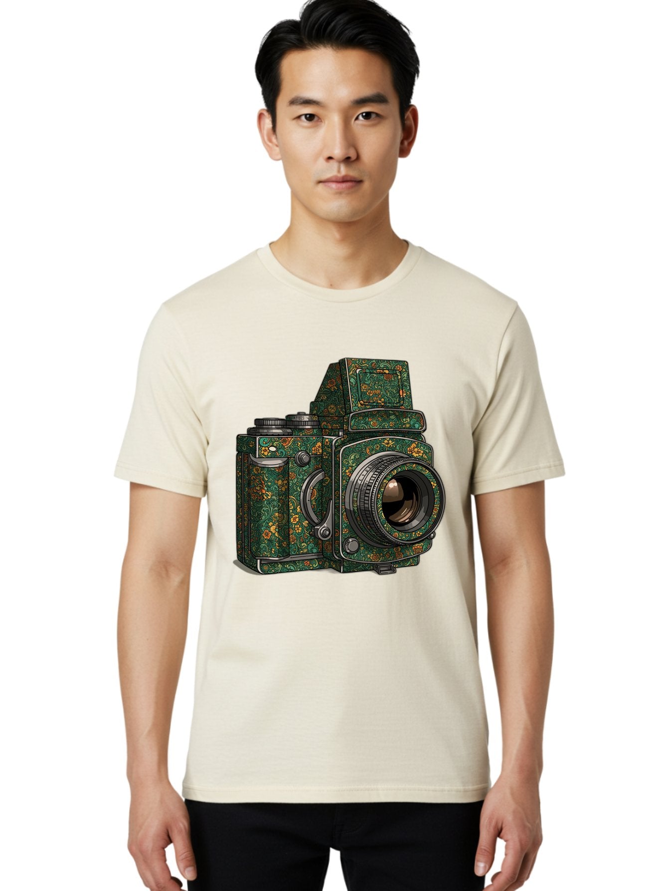 Holoformer-Camera Men'S Graphic Tee, 100% Cotton, Comfortable Casual Summer Wear, Machine Washable, Medium Format Camera, Vintage Photography Equipment, Retro Camera Design, Floral Patterns, Luxurious Look, Intricate Details, Bae468 18