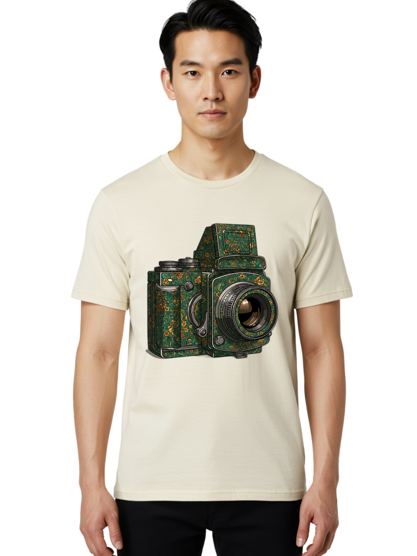 Holoformer-Camera Men'S Graphic Tee, 100% Cotton, Comfortable Casual Summer Wear, Machine Washable, Medium Format Camera, Vintage Photography Equipment, Retro Camera Design, Floral Patterns, Luxurious Look, Intricate Details, Bae468 27