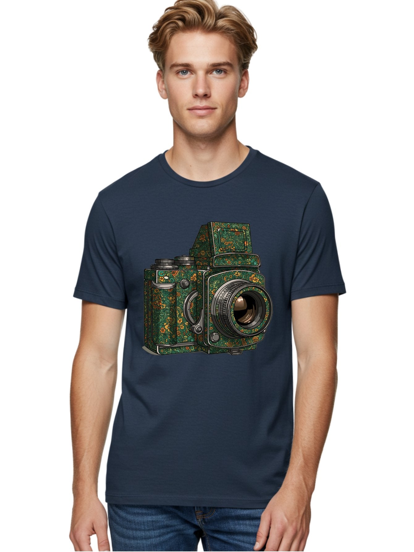 Holoformer-Camera Men'S Graphic Tee, 100% Cotton, Comfortable Casual Summer Wear, Machine Washable, Medium Format Camera, Vintage Photography Equipment, Retro Camera Design, Floral Patterns, Luxurious Look, Intricate Details, Bae468 16