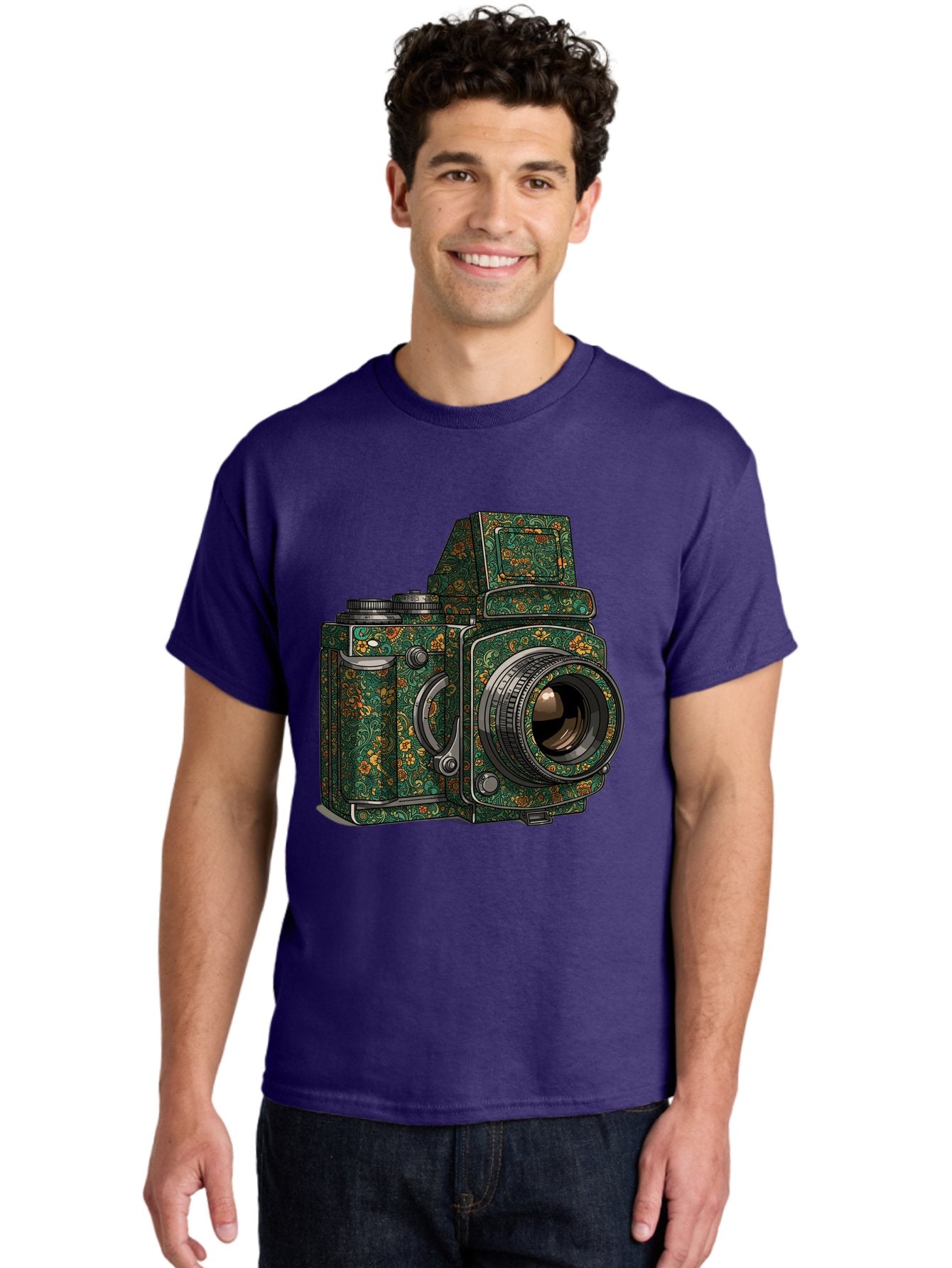 Holoformer-Camera Men'S Graphic Tee, 100% Cotton, Comfortable Casual Summer Wear, Machine Washable, Medium Format Camera, Vintage Photography Equipment, Retro Camera Design, Floral Patterns, Luxurious Look, Intricate Details, Bae468 25