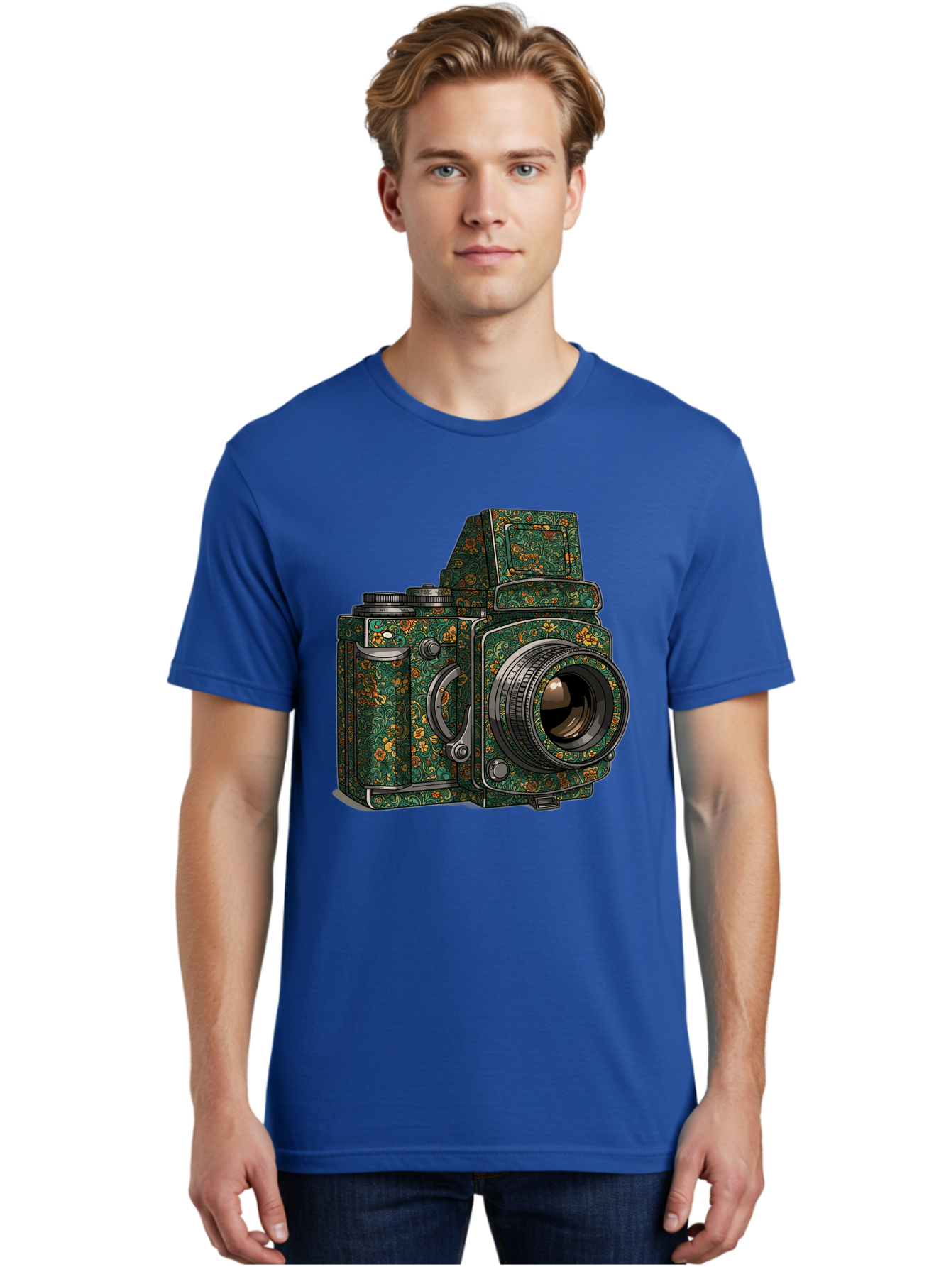 Holoformer-Camera Men'S Graphic Tee, 100% Cotton, Comfortable Casual Summer Wear, Machine Washable, Medium Format Camera, Vintage Photography Equipment, Retro Camera Design, Floral Patterns, Luxurious Look, Intricate Details, Bae468 17