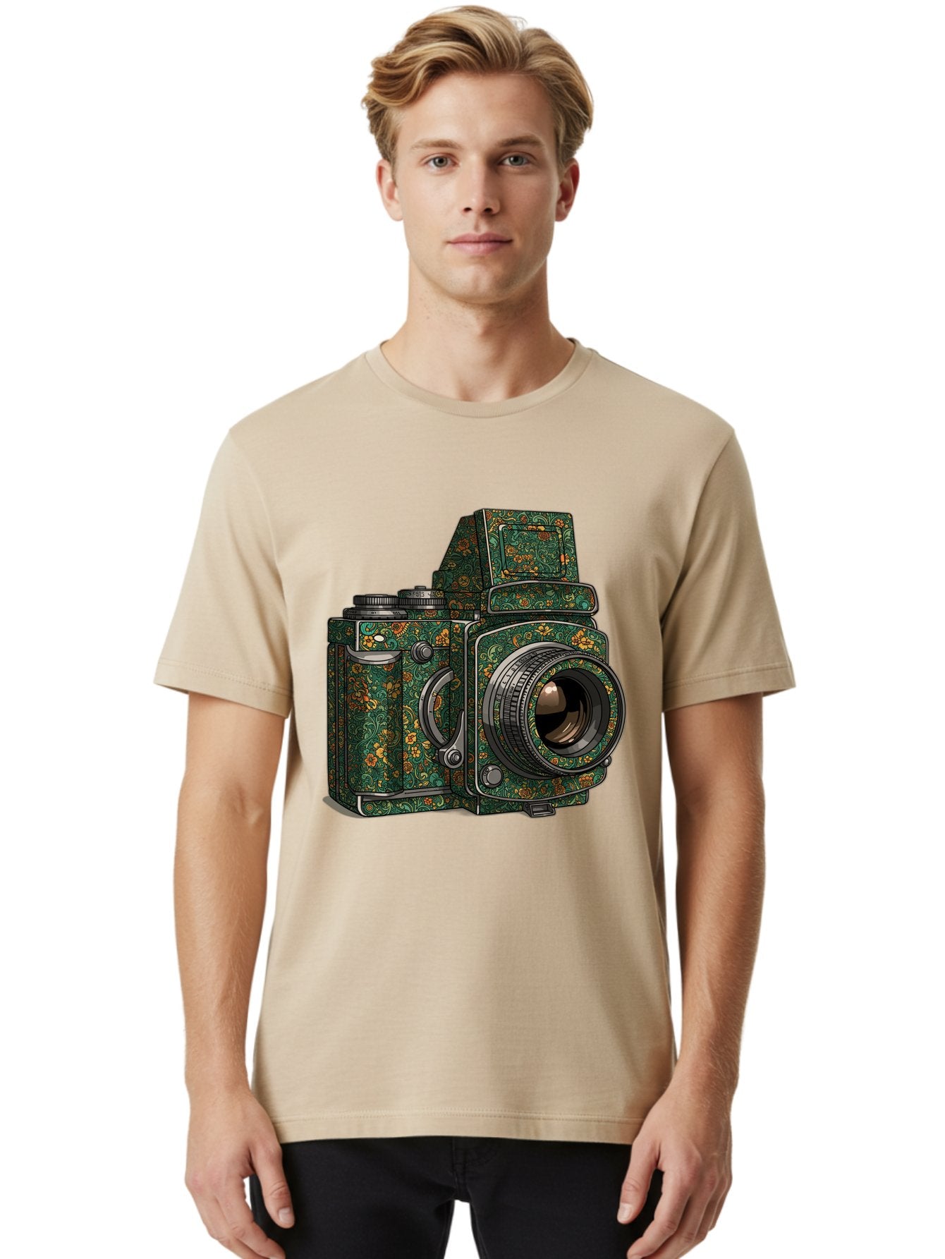 Holoformer-Camera Men'S Graphic Tee, 100% Cotton, Comfortable Casual Summer Wear, Machine Washable, Medium Format Camera, Vintage Photography Equipment, Retro Camera Design, Floral Patterns, Luxurious Look, Intricate Details, Bae468 19
